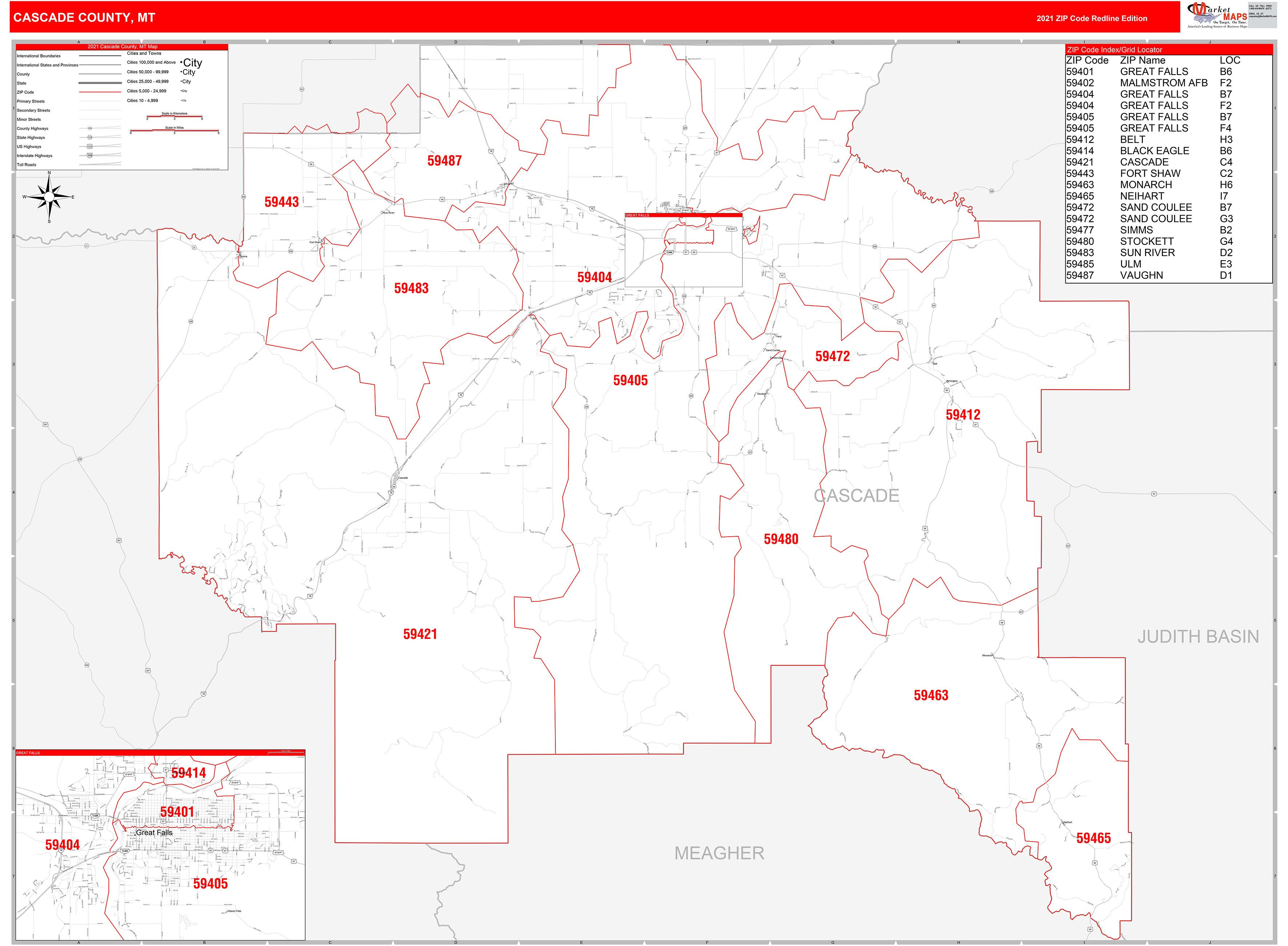 Cascade County, MT Zip Code Wall Map Red Line Style by MarketMAPS