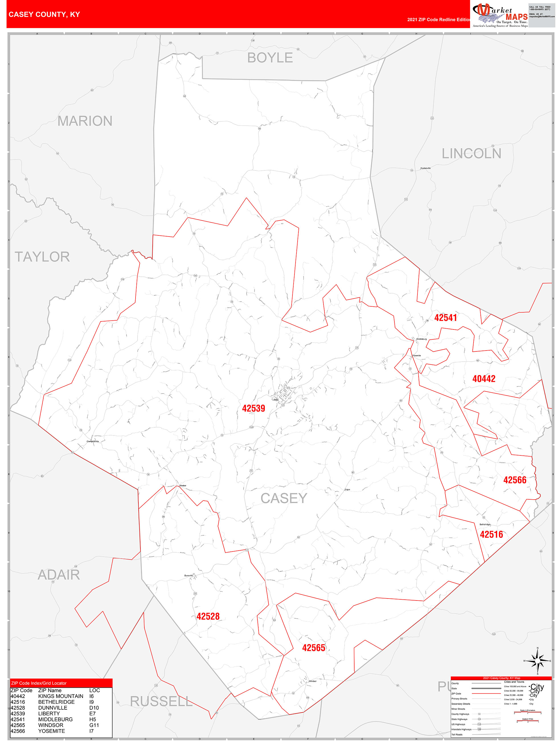 Casey County, KY Zip Code Wall Map Red Line Style by MarketMAPS
