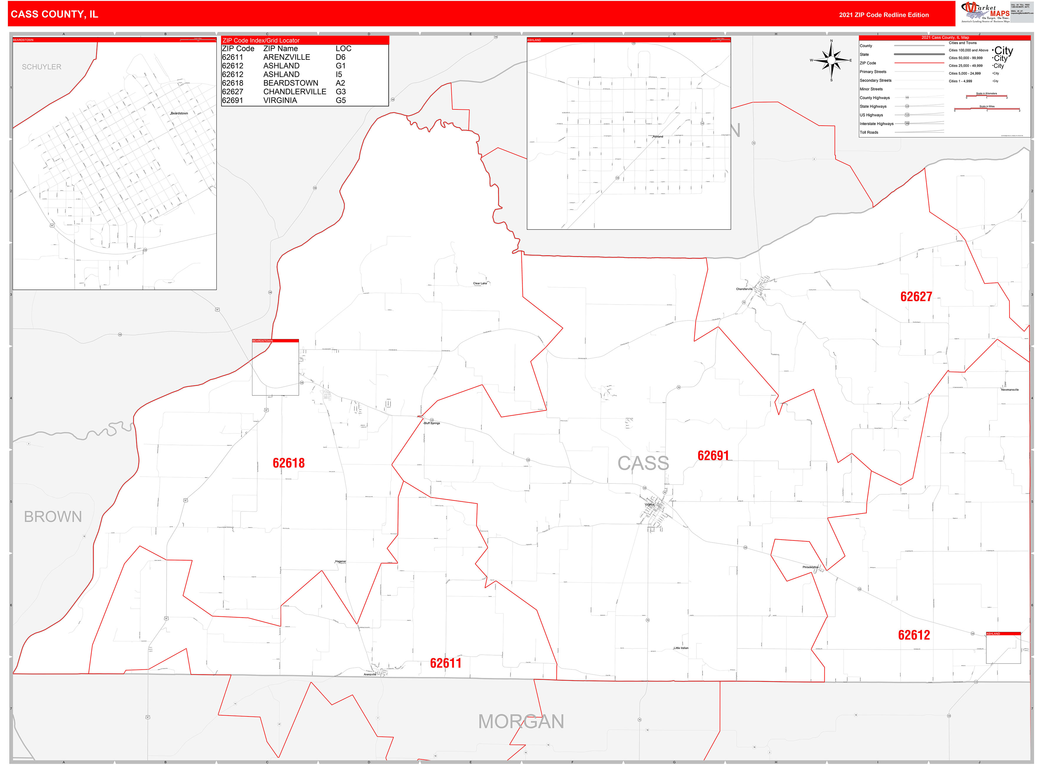 Cass County, IL Zip Code Wall Map Red Line Style by MarketMAPS MapSales