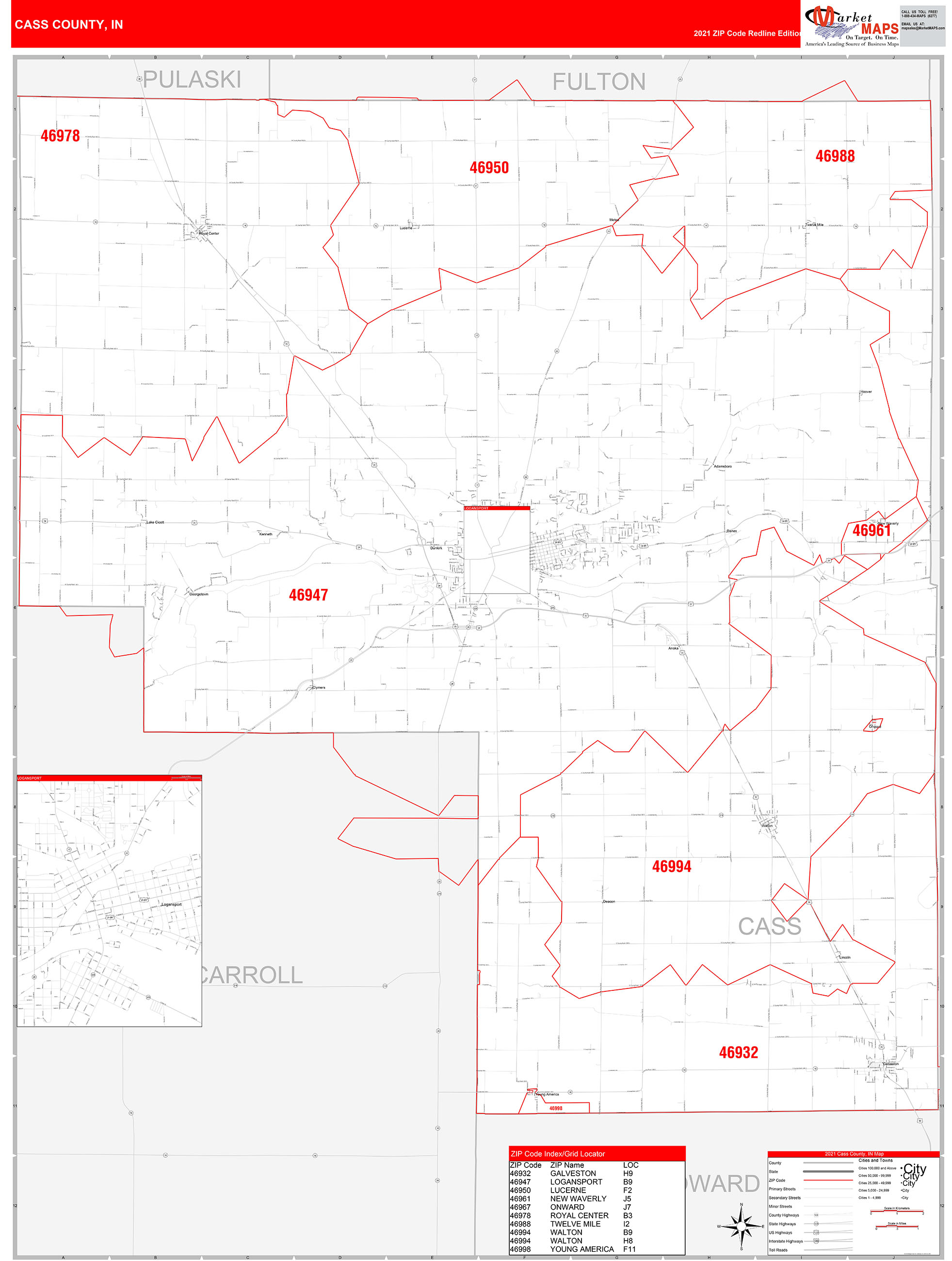 Cass County, IN Zip Code Wall Map Red Line Style by MarketMAPS