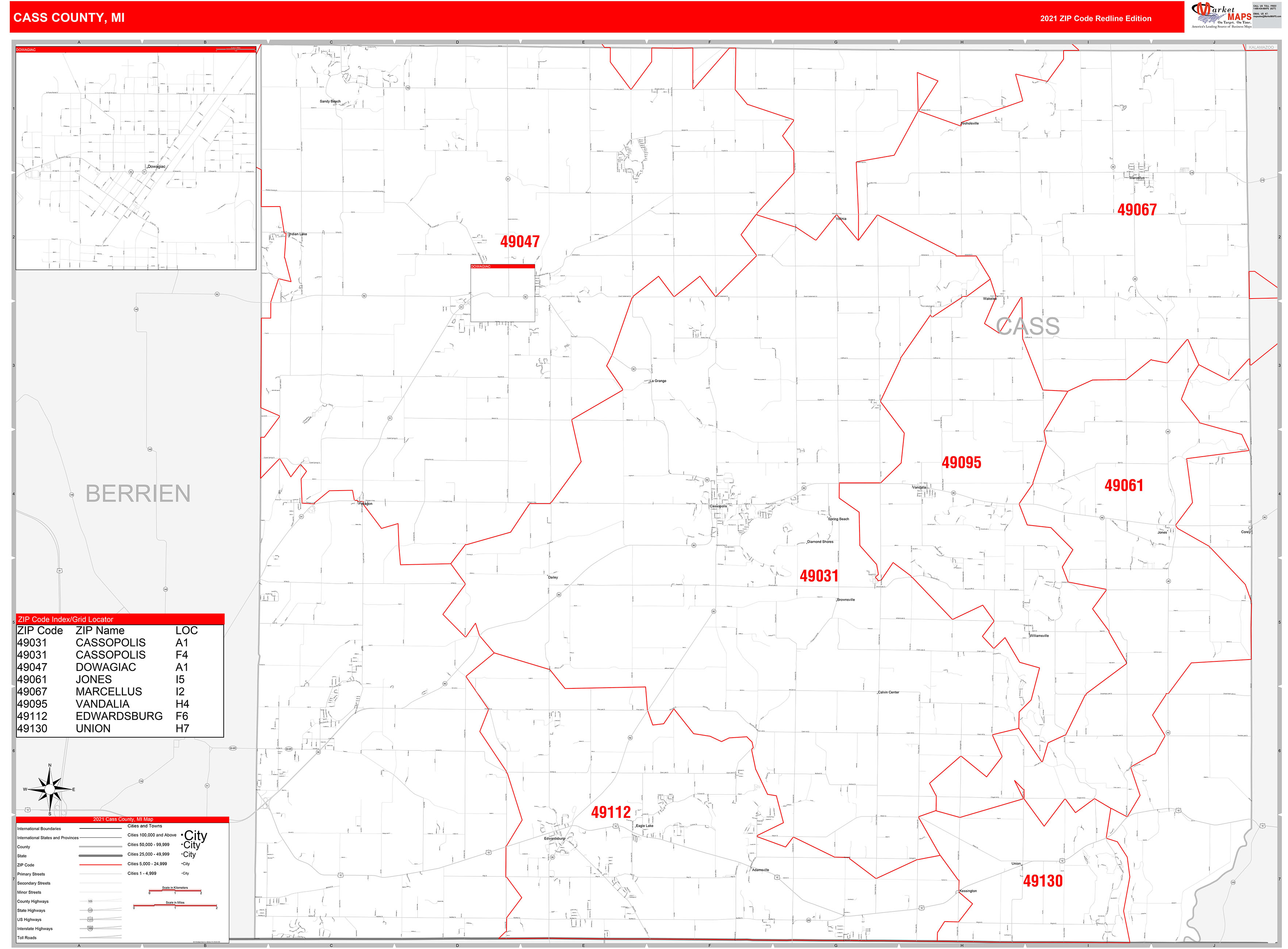 Cass County, MI Zip Code Wall Map Red Line Style by MarketMAPS