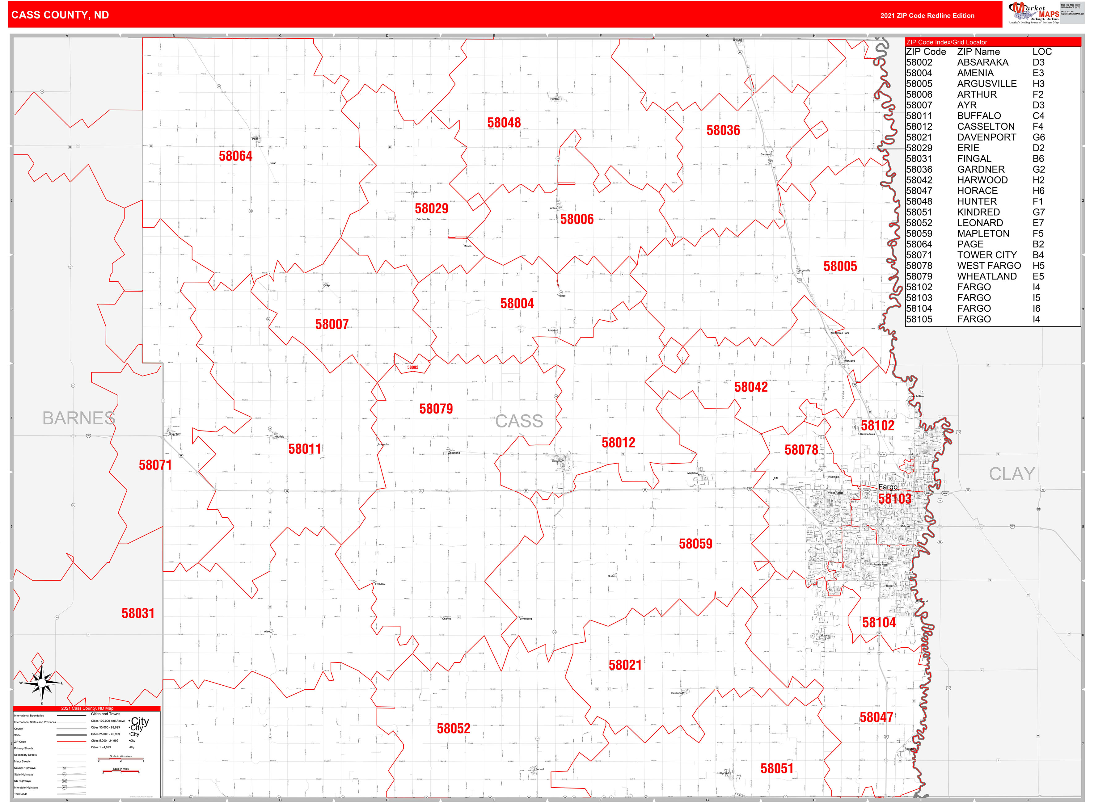 Cass County, ND Zip Code Wall Map Red Line Style by MarketMAPS