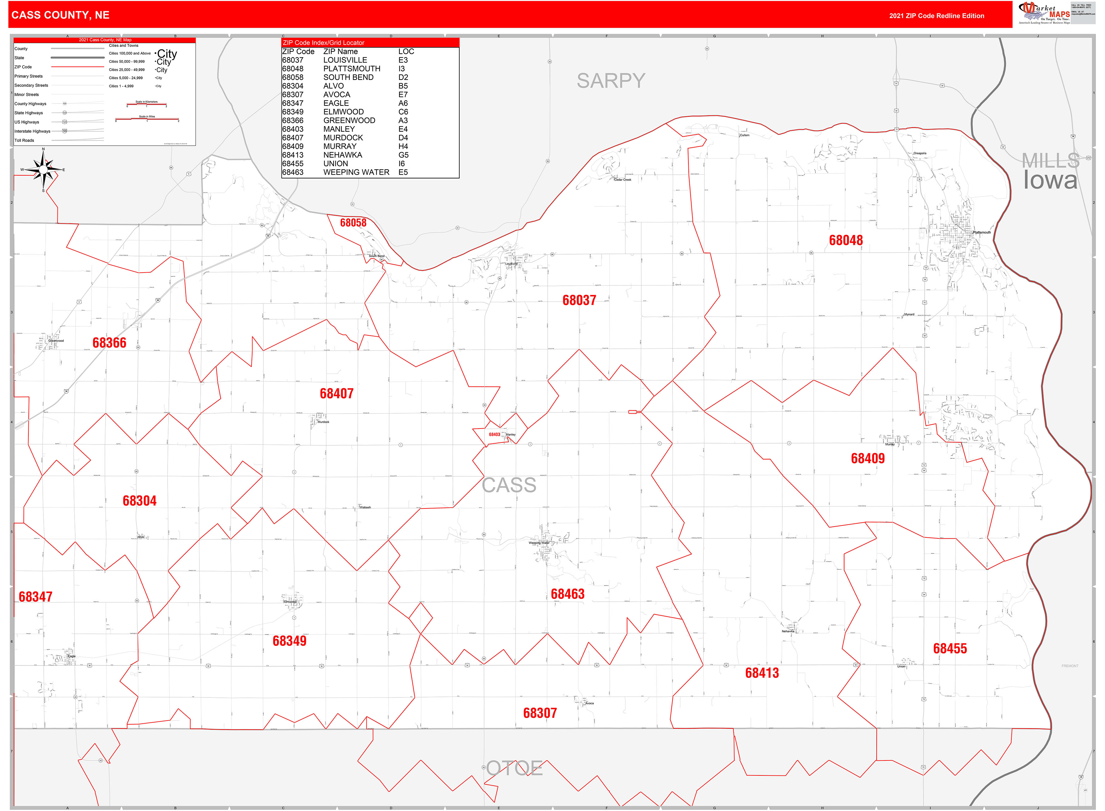 Cass County, NE Zip Code Wall Map Red Line Style by MarketMAPS