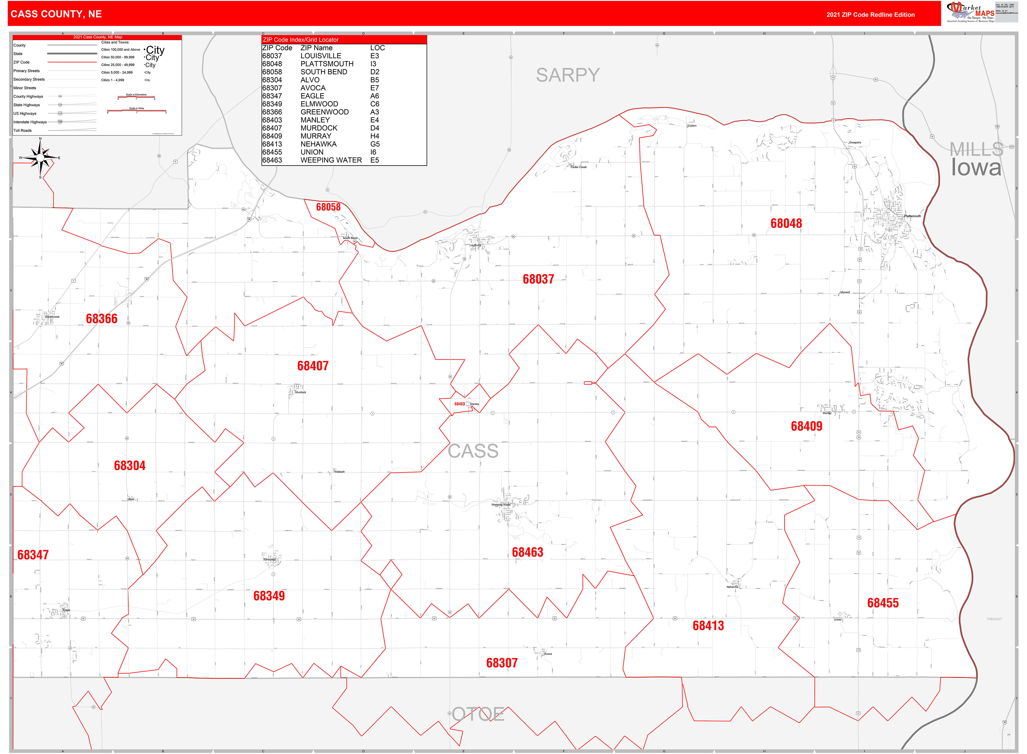 Cass County Ne Zip Code Wall Map Red Line Style By Marketmaps
