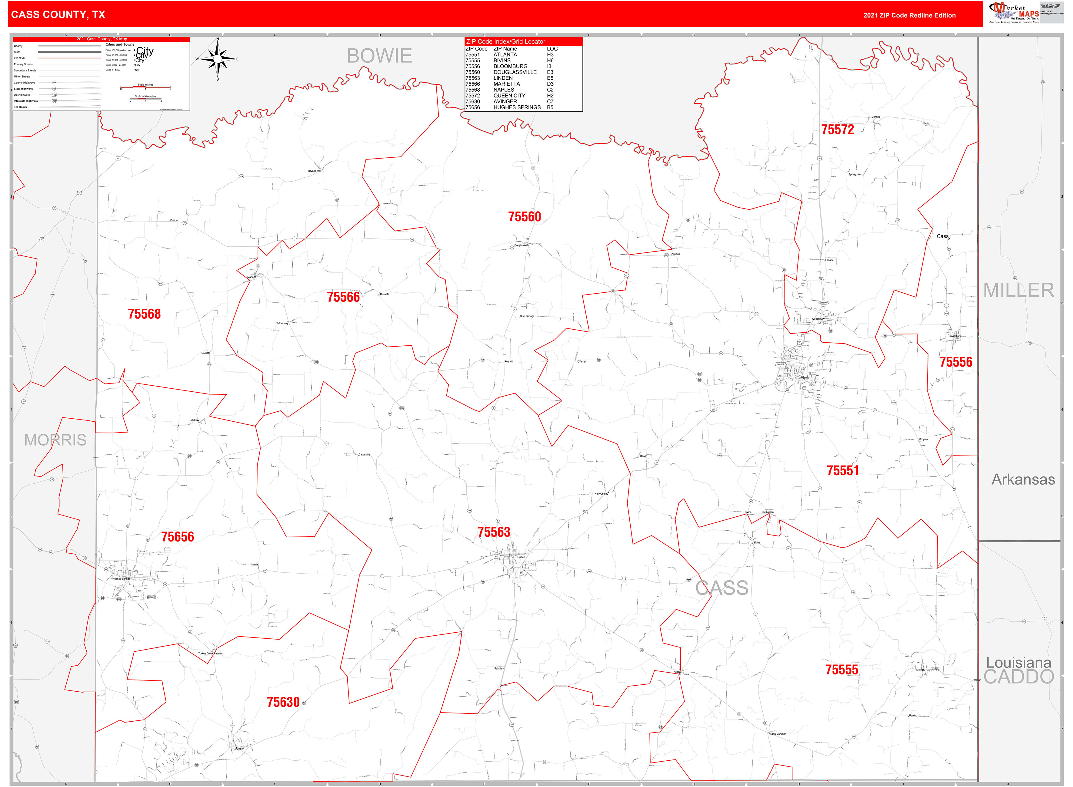 Cass County, TX Zip Code Wall Map Red Line Style by MarketMAPS MapSales