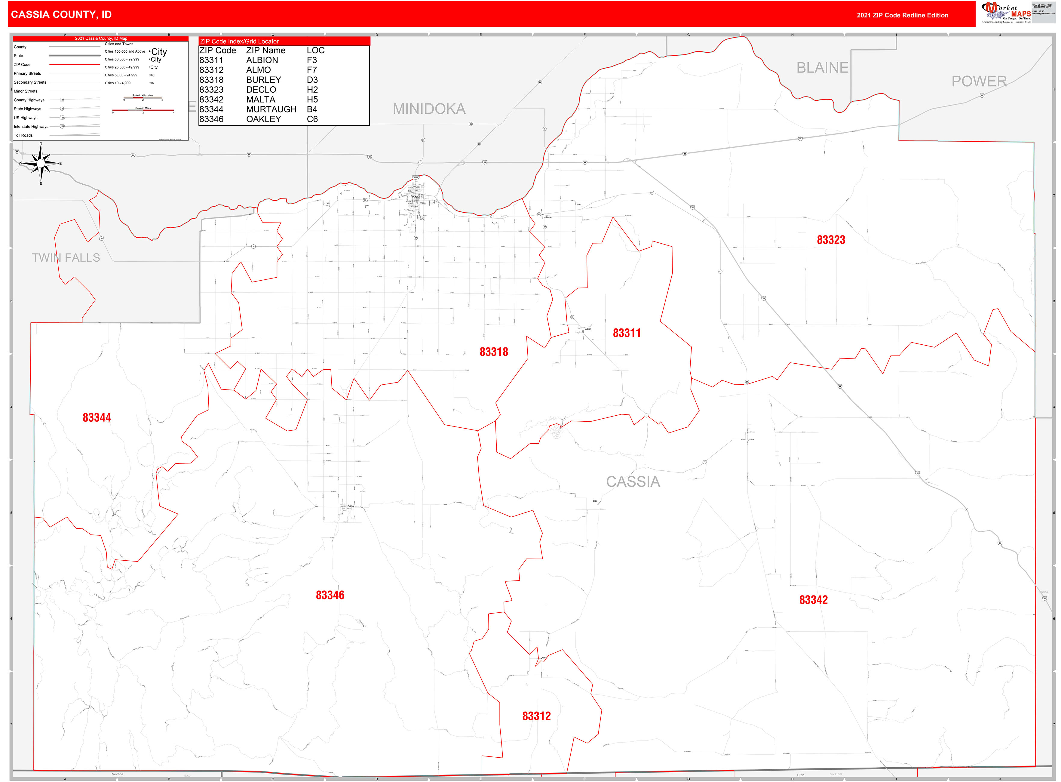 Cassia County, ID Zip Code Wall Map Red Line Style by MarketMAPS