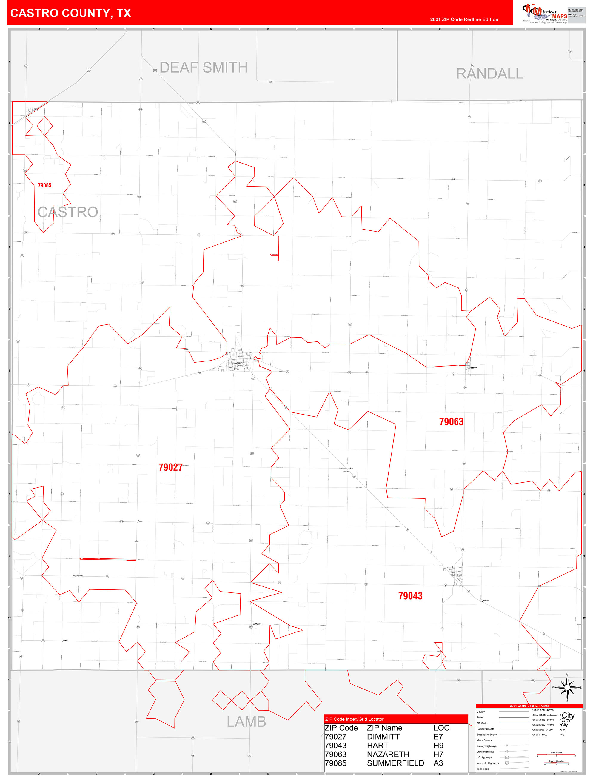 Castro County, TX Zip Code Wall Map Red Line Style by MarketMAPS MapSales