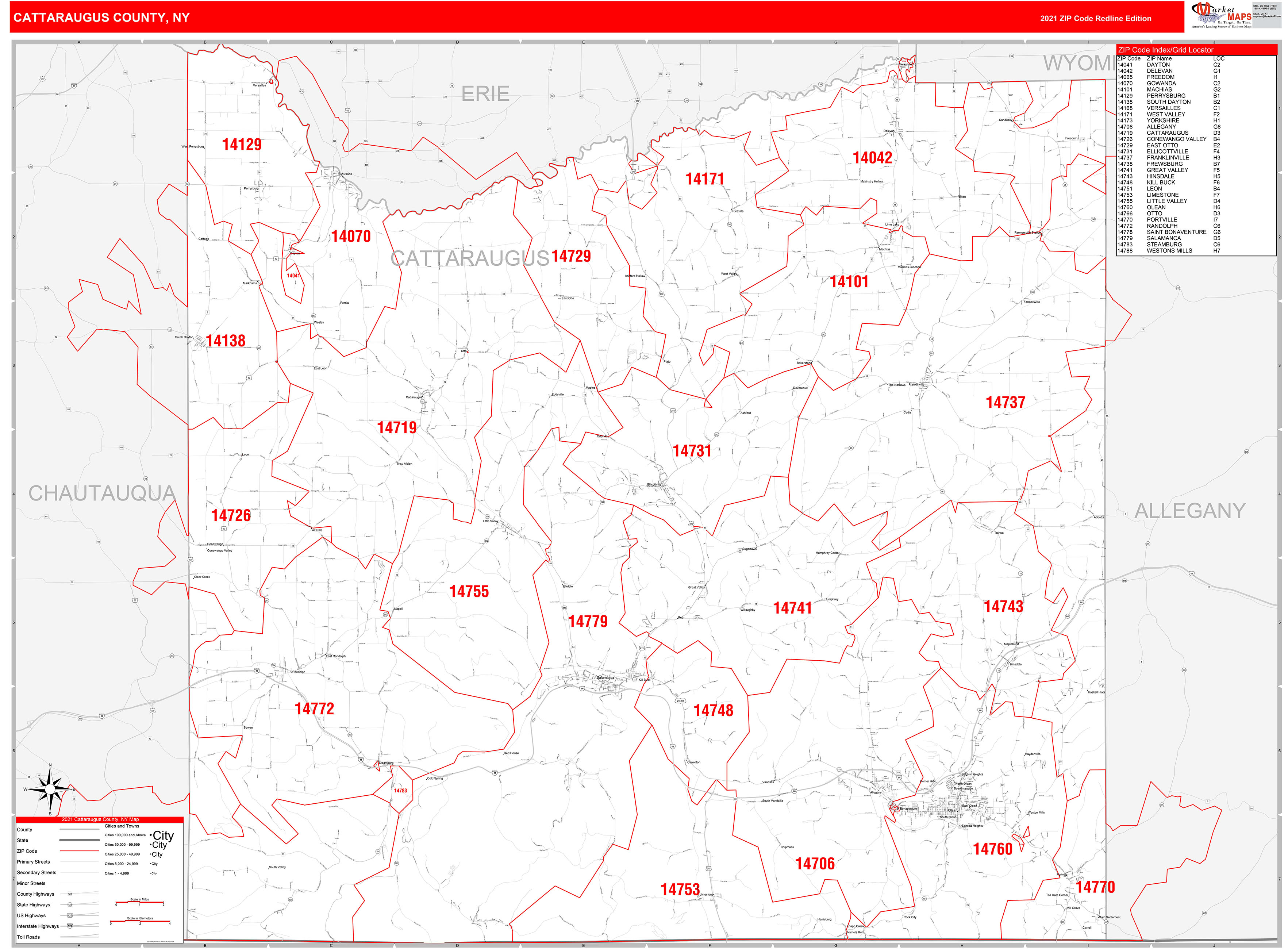 Cattaraugus County, NY Zip Code Wall Map Red Line Style by MarketMAPS