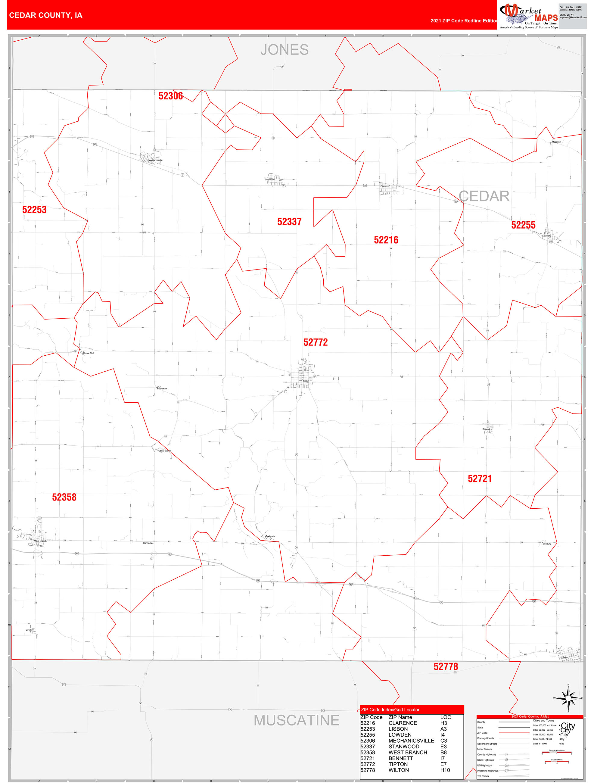 Cedar County, IA Zip Code Wall Map Red Line Style by MarketMAPS