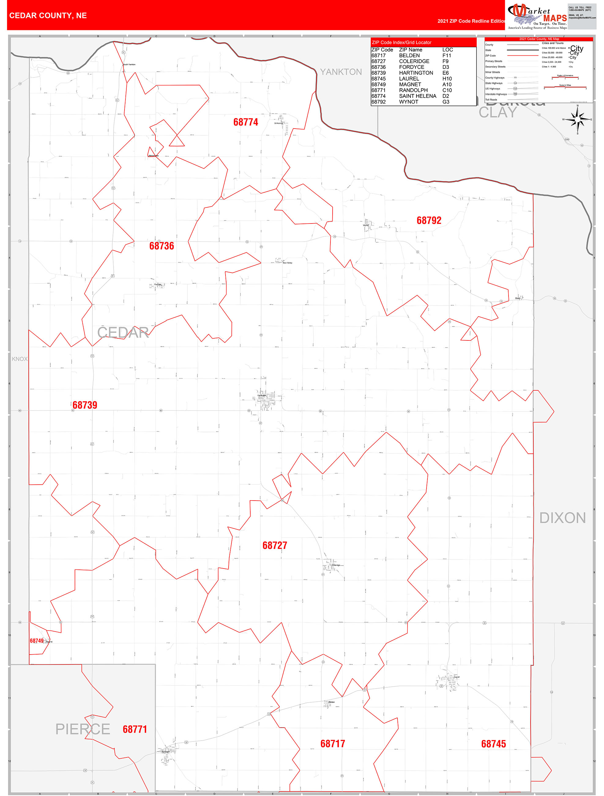 Cedar County, NE Zip Code Wall Map Red Line Style by MarketMAPS