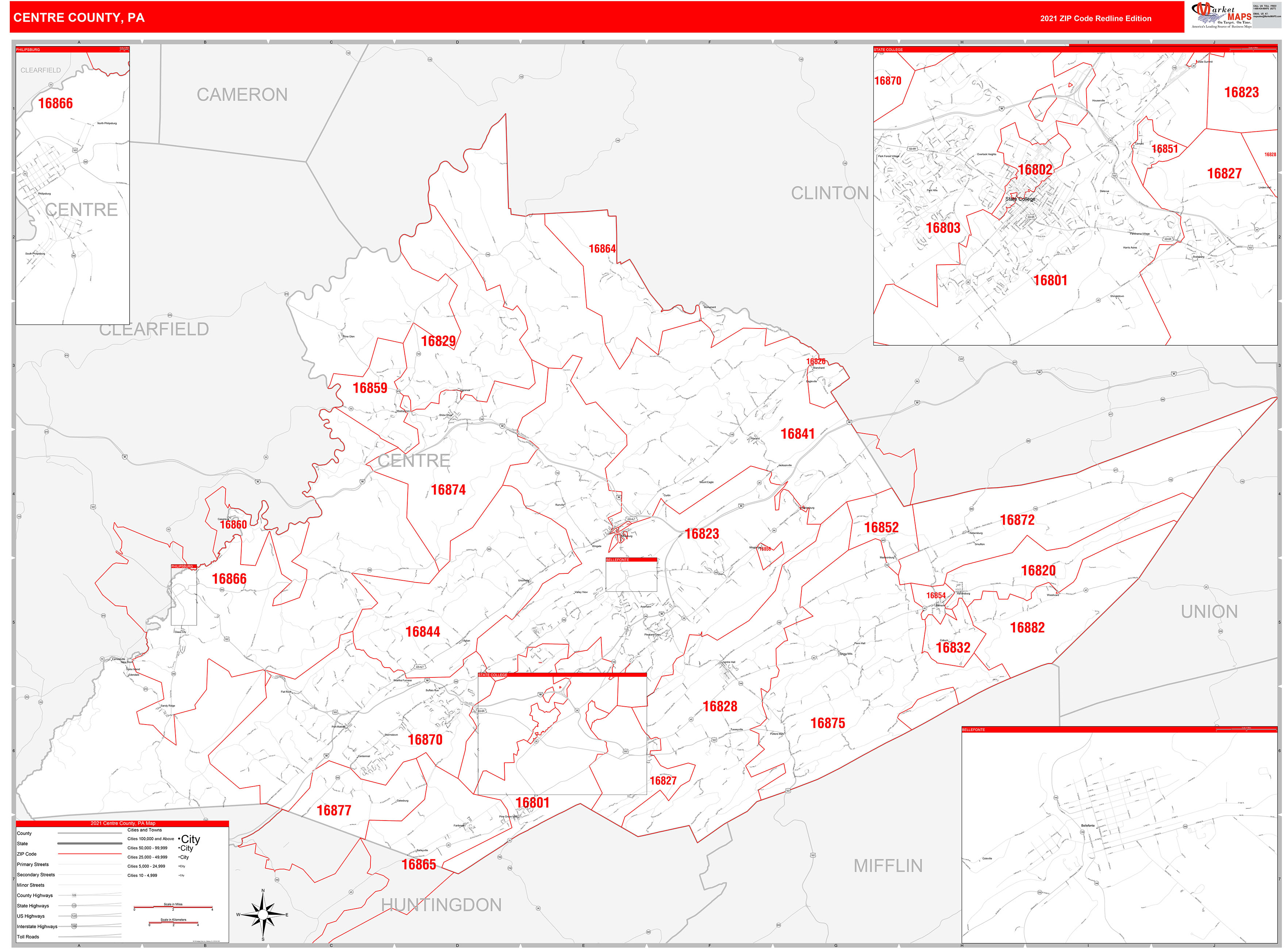 Centre County, PA Zip Code Wall Map Red Line Style by MarketMAPS MapSales