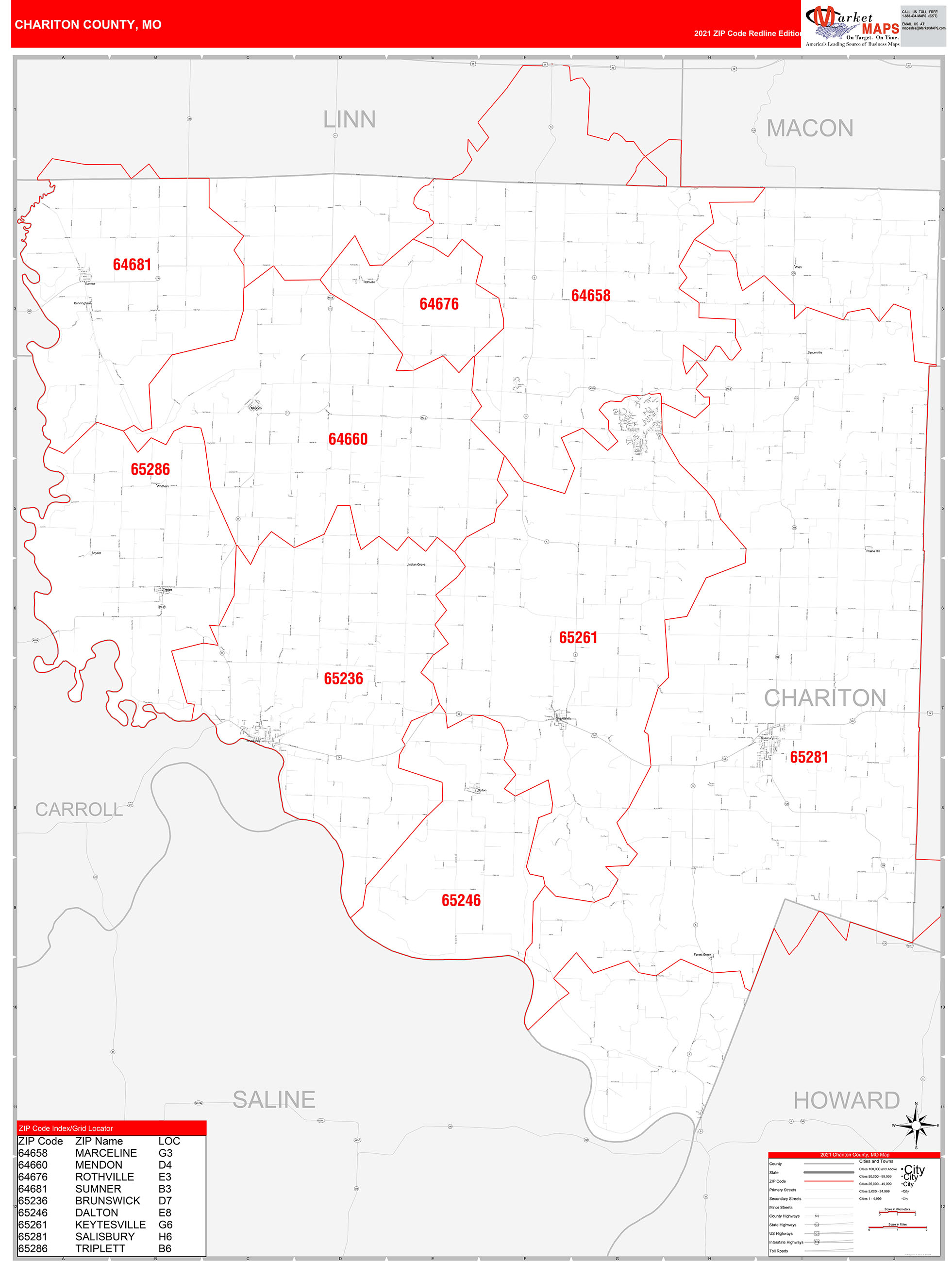 Chariton County, MO Zip Code Wall Map Red Line Style by MarketMAPS
