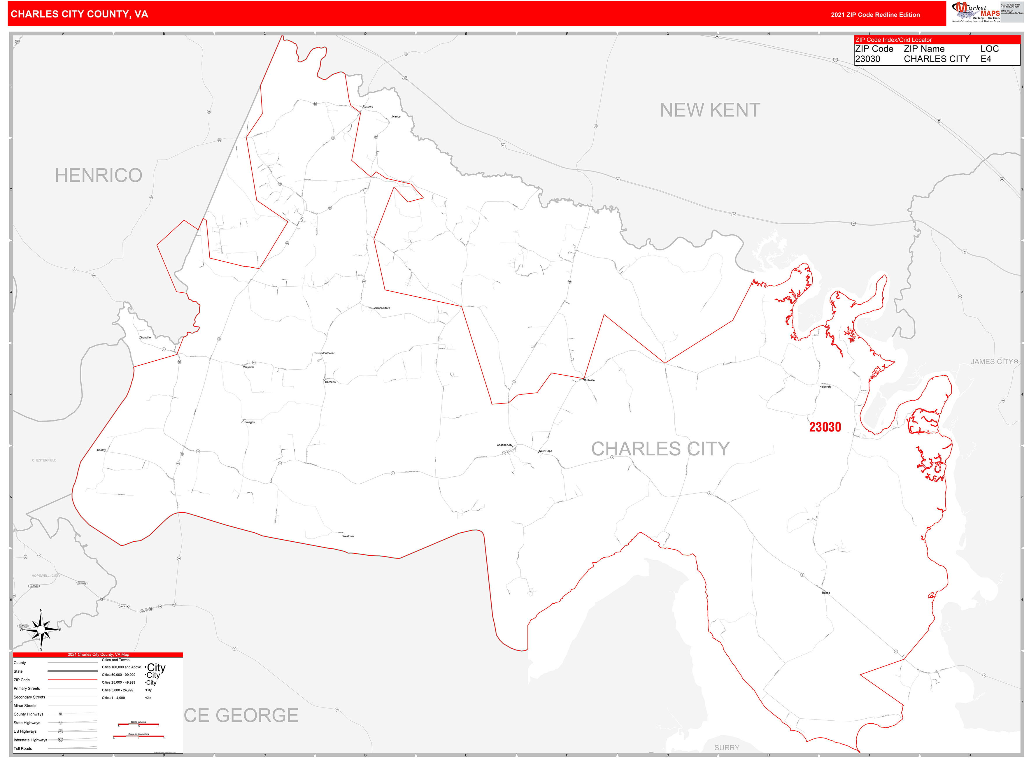 Charles City County, VA Zip Code Wall Map Red Line Style by MarketMAPS