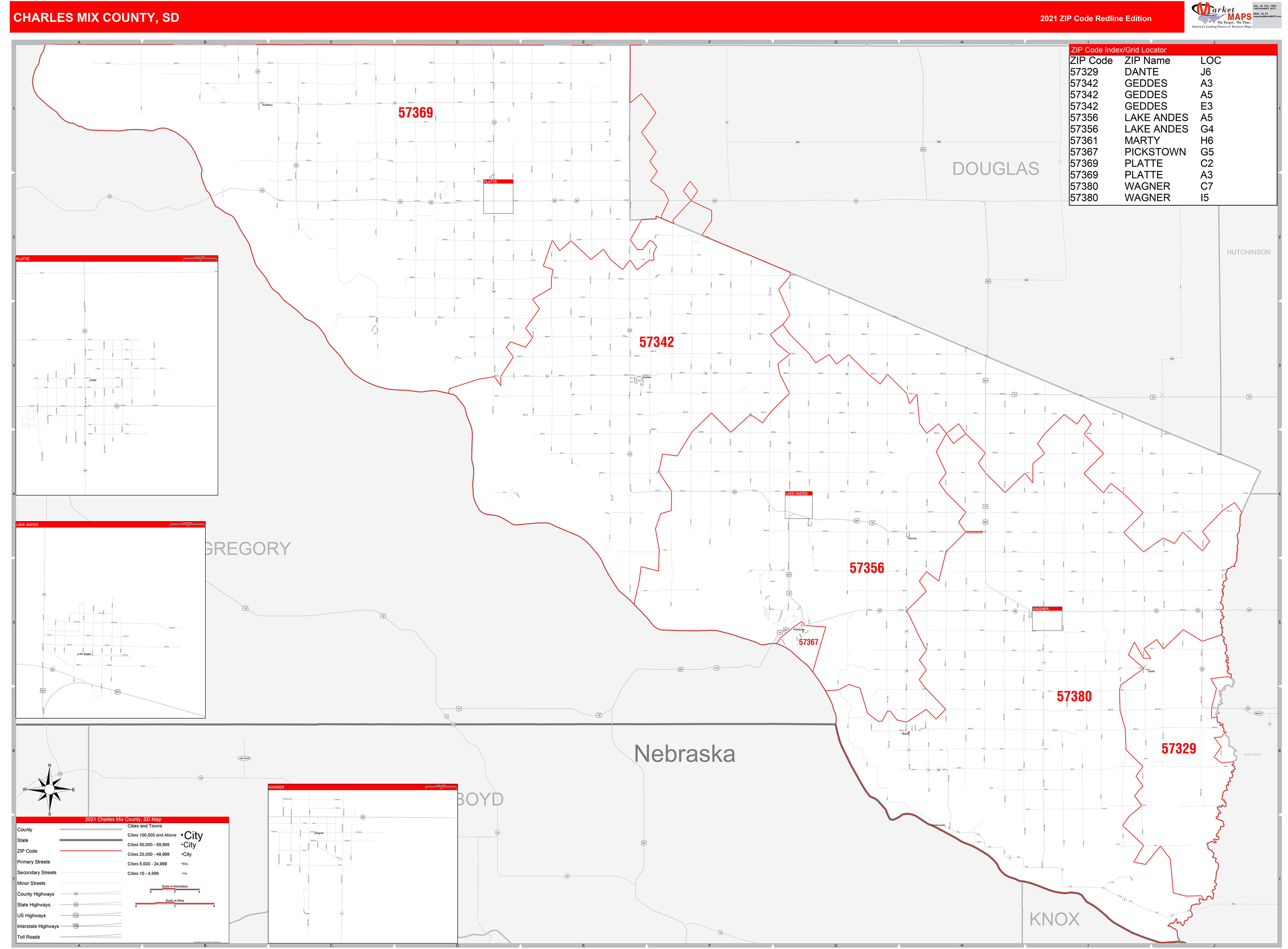 Charles Mix County, SD Zip Code Wall Map Red Line Style by MarketMAPS