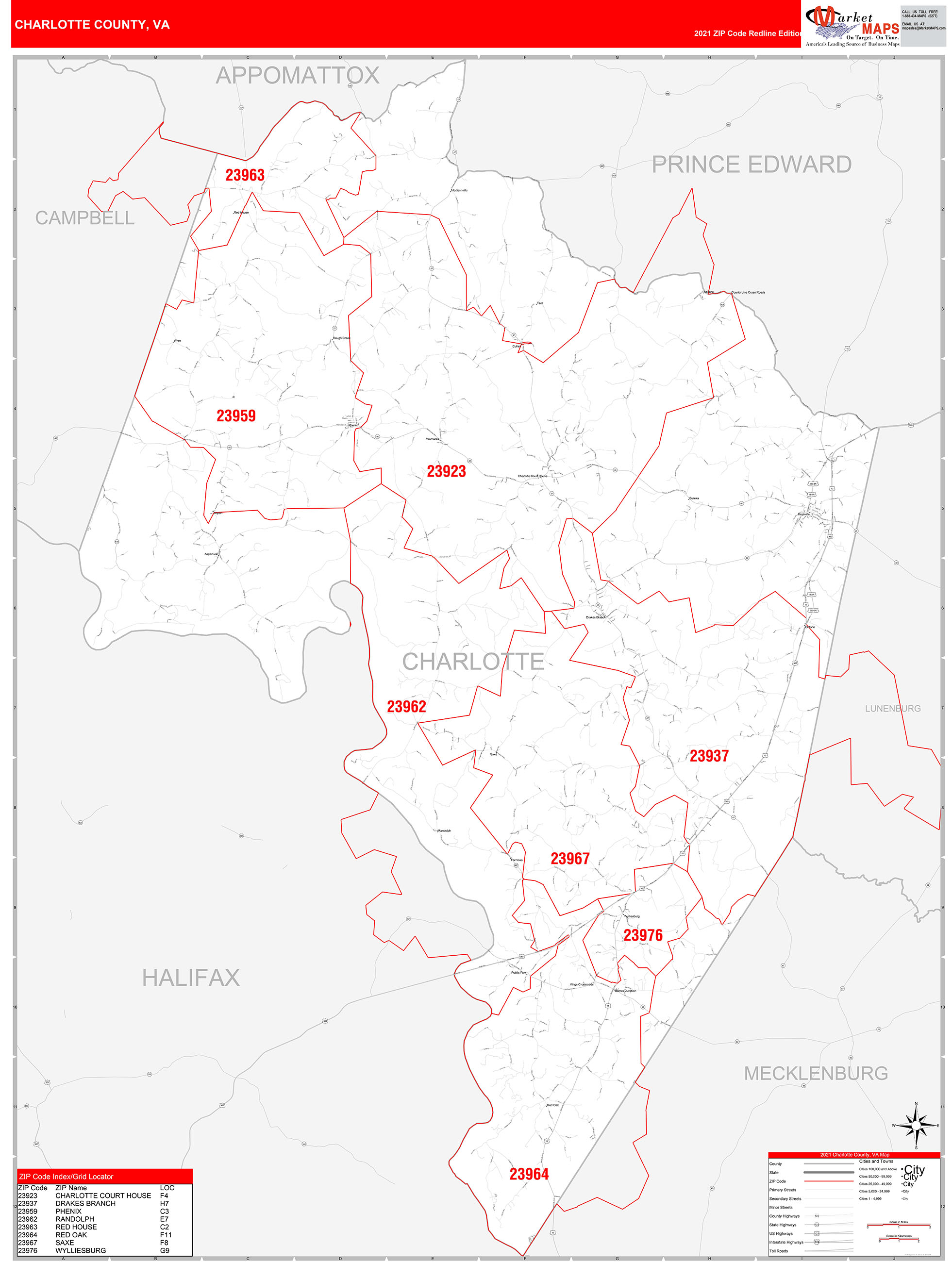 Charlotte County, VA Zip Code Wall Map Red Line Style by MarketMAPS