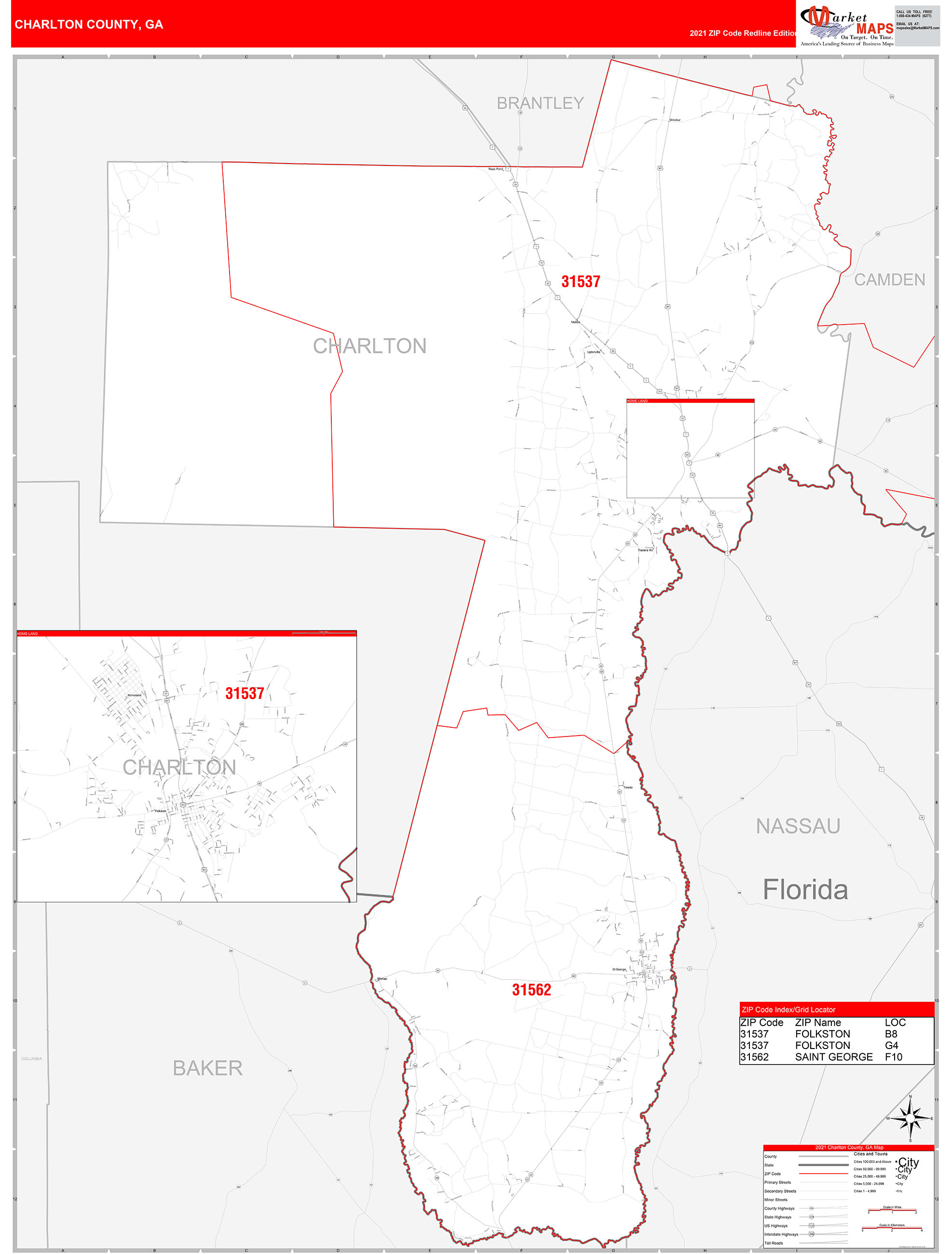 Charlton County, GA Zip Code Wall Map Red Line Style by MarketMAPS