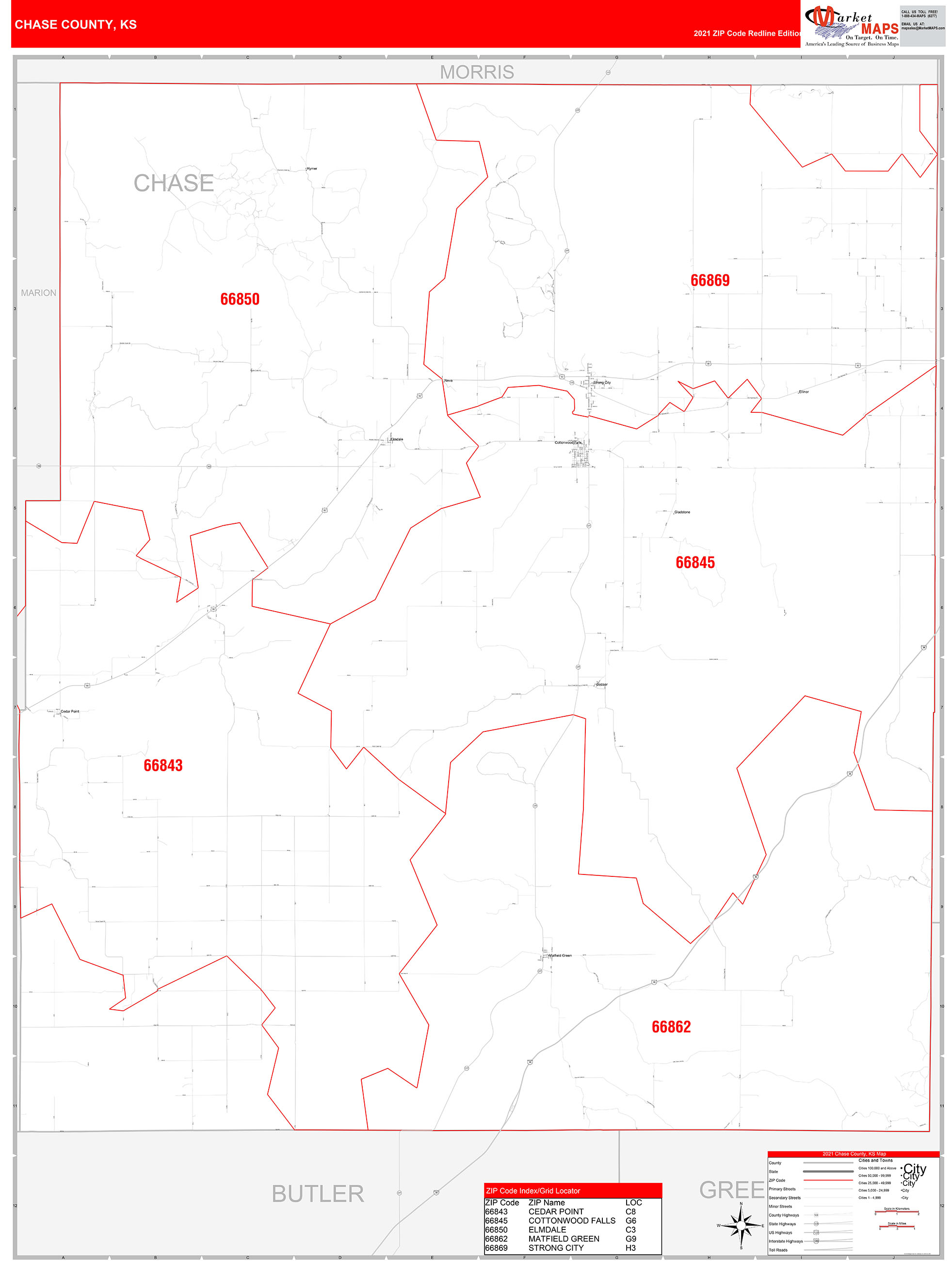 Chase County, KS Zip Code Wall Map Red Line Style by MarketMAPS