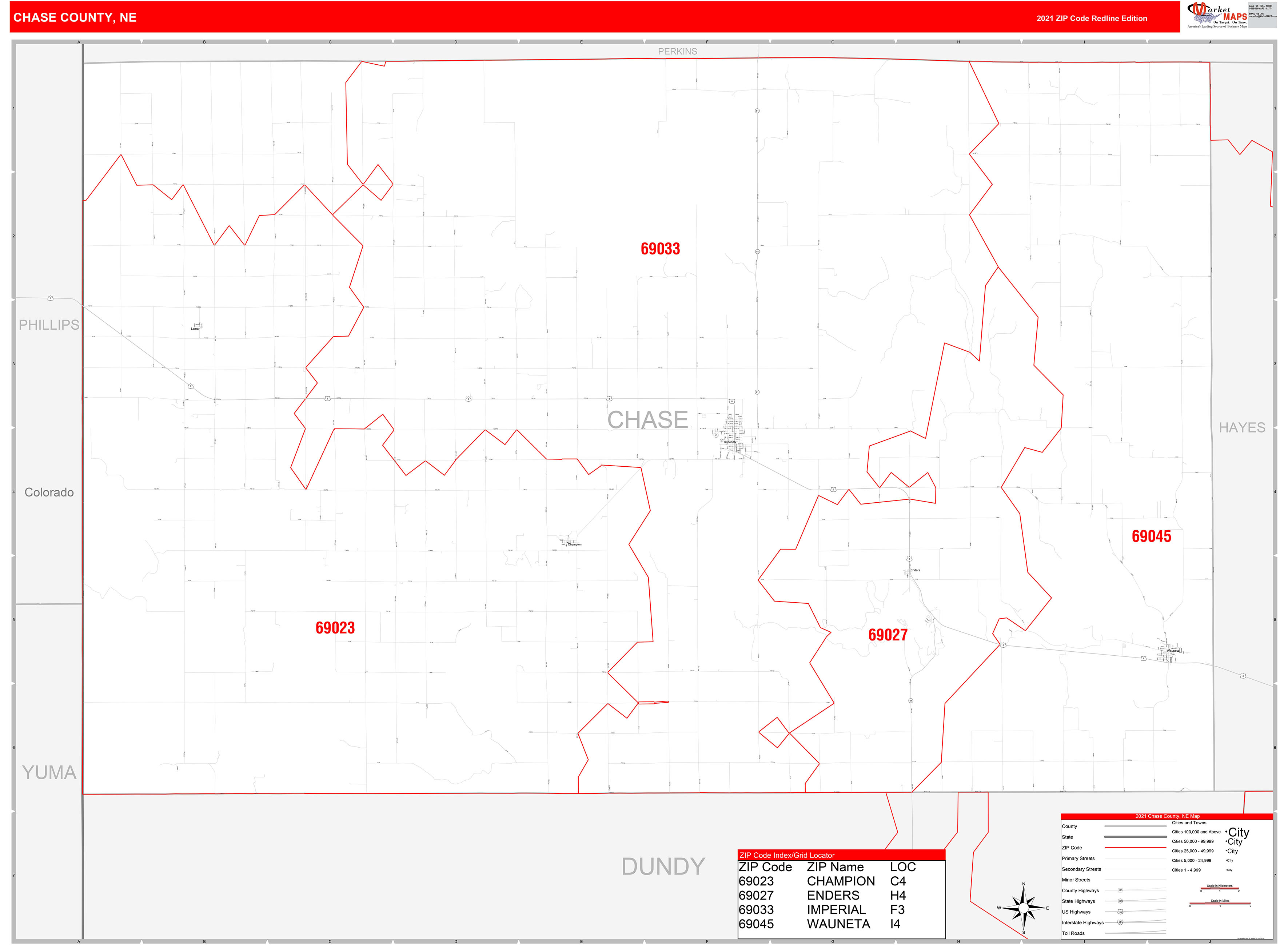 Chase County, NE Zip Code Wall Map Red Line Style by MarketMAPS MapSales