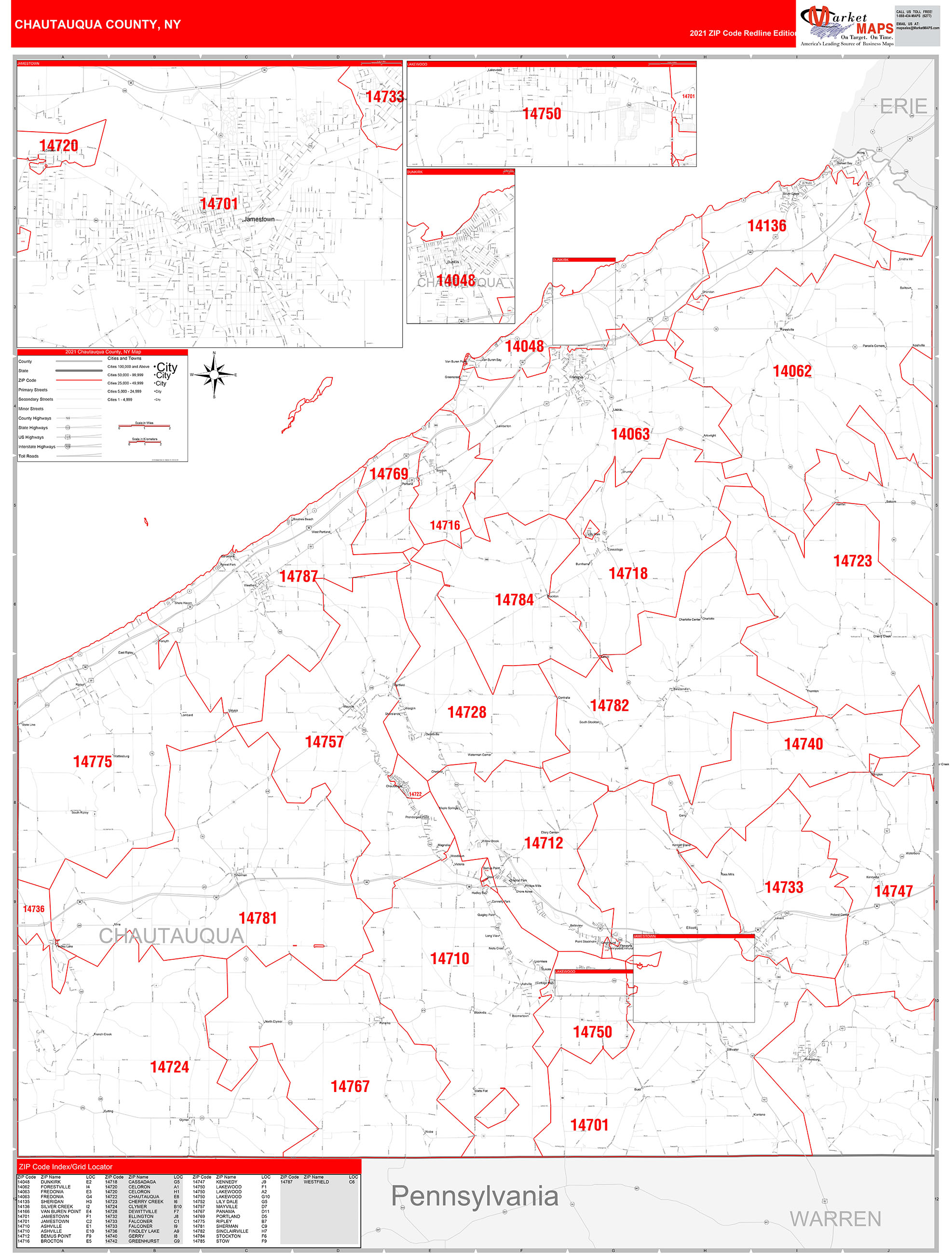 Chautauqua County, NY Zip Code Wall Map Red Line Style by MarketMAPS