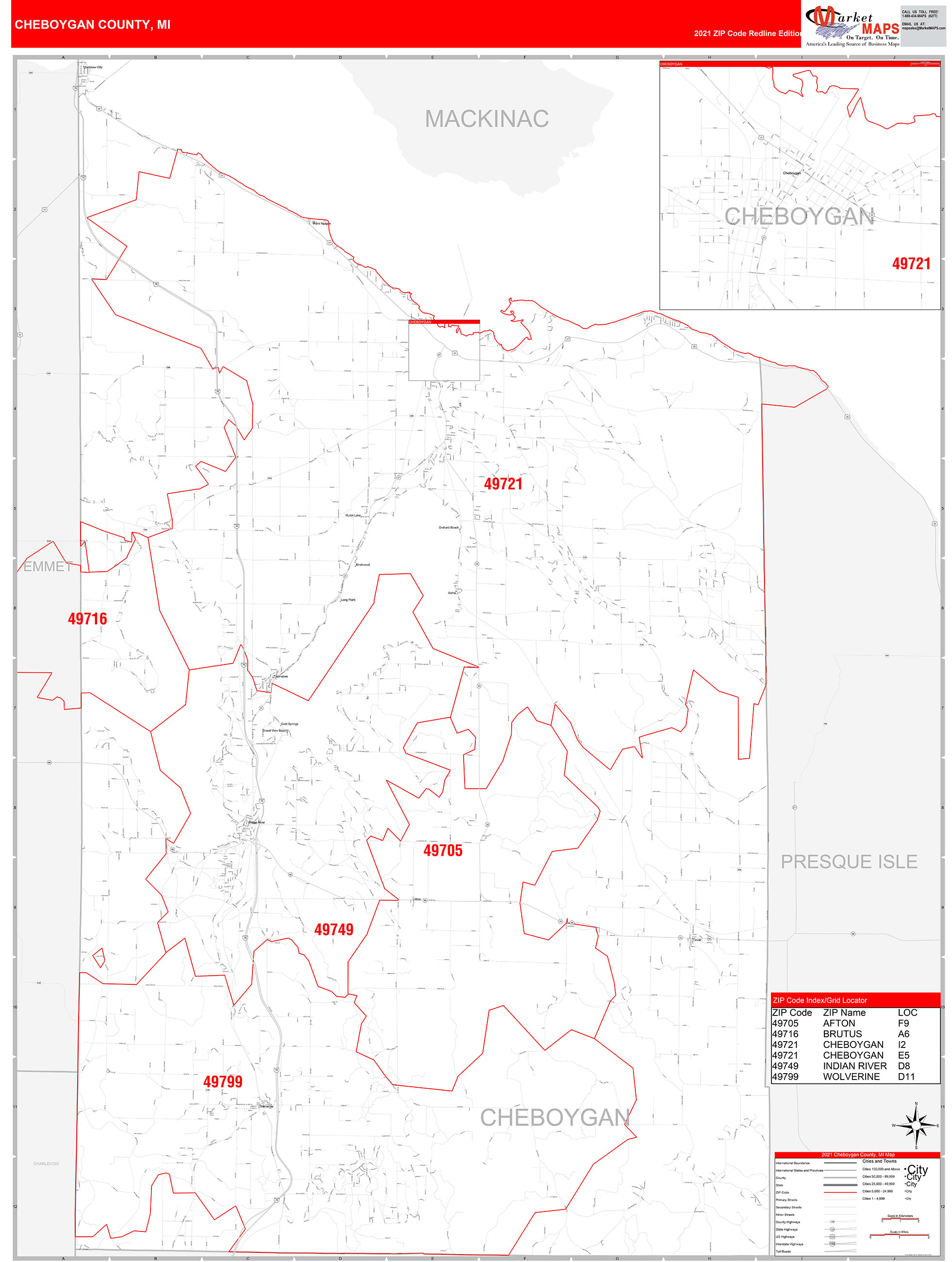 Cheboygan County, MI Zip Code Wall Map Red Line Style by MarketMAPS