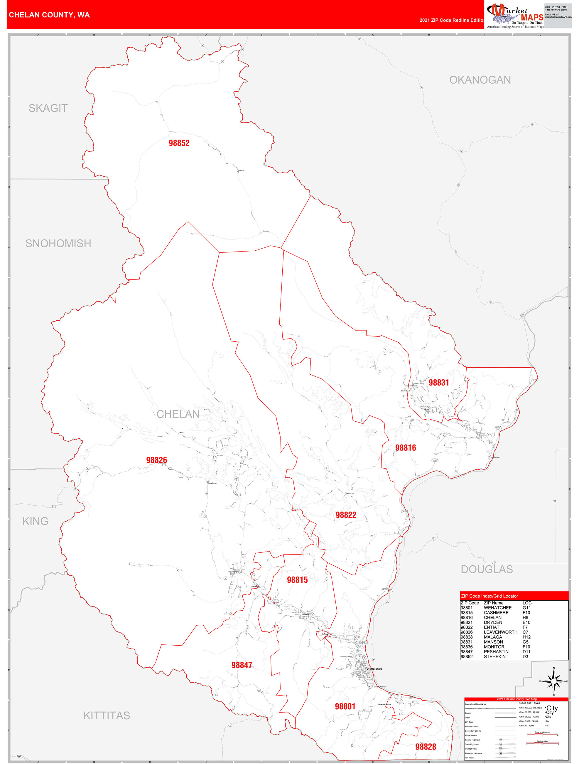 Chelan County, WA Zip Code Wall Map Red Line Style by MarketMAPS MapSales