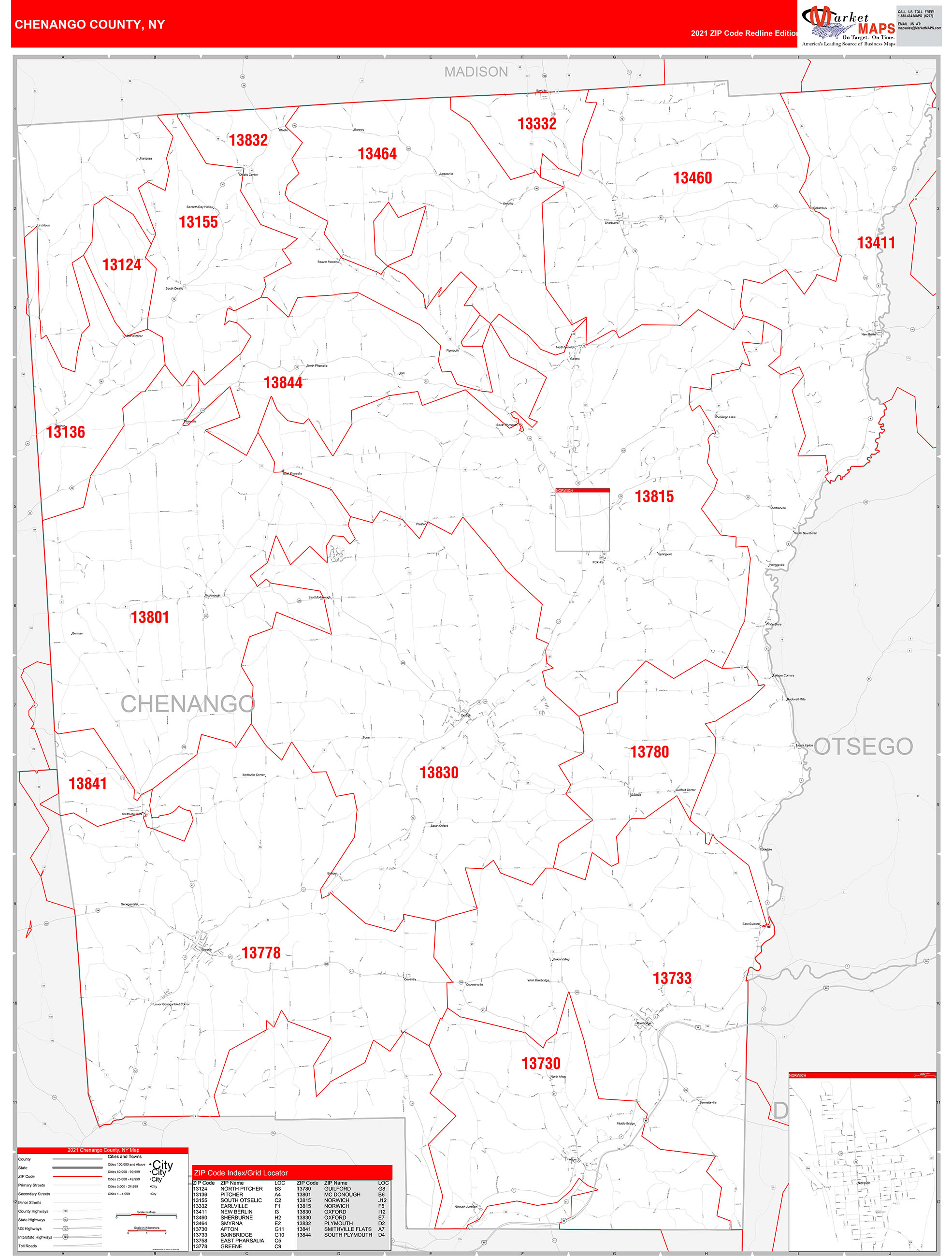 Chenango County, NY Zip Code Wall Map Red Line Style by MarketMAPS