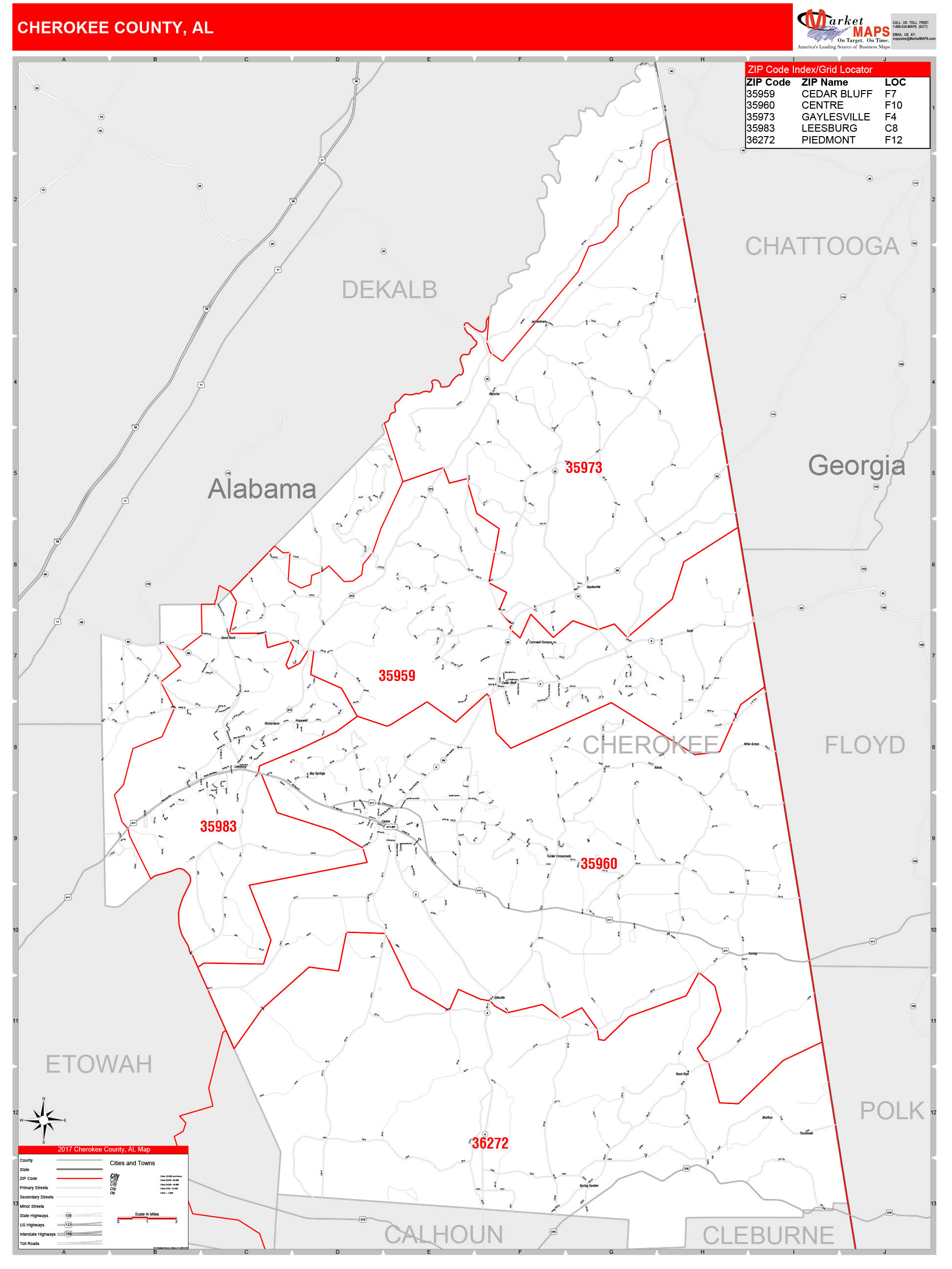 Cherokee County, AL Zip Code Wall Map Red Line Style by MarketMAPS