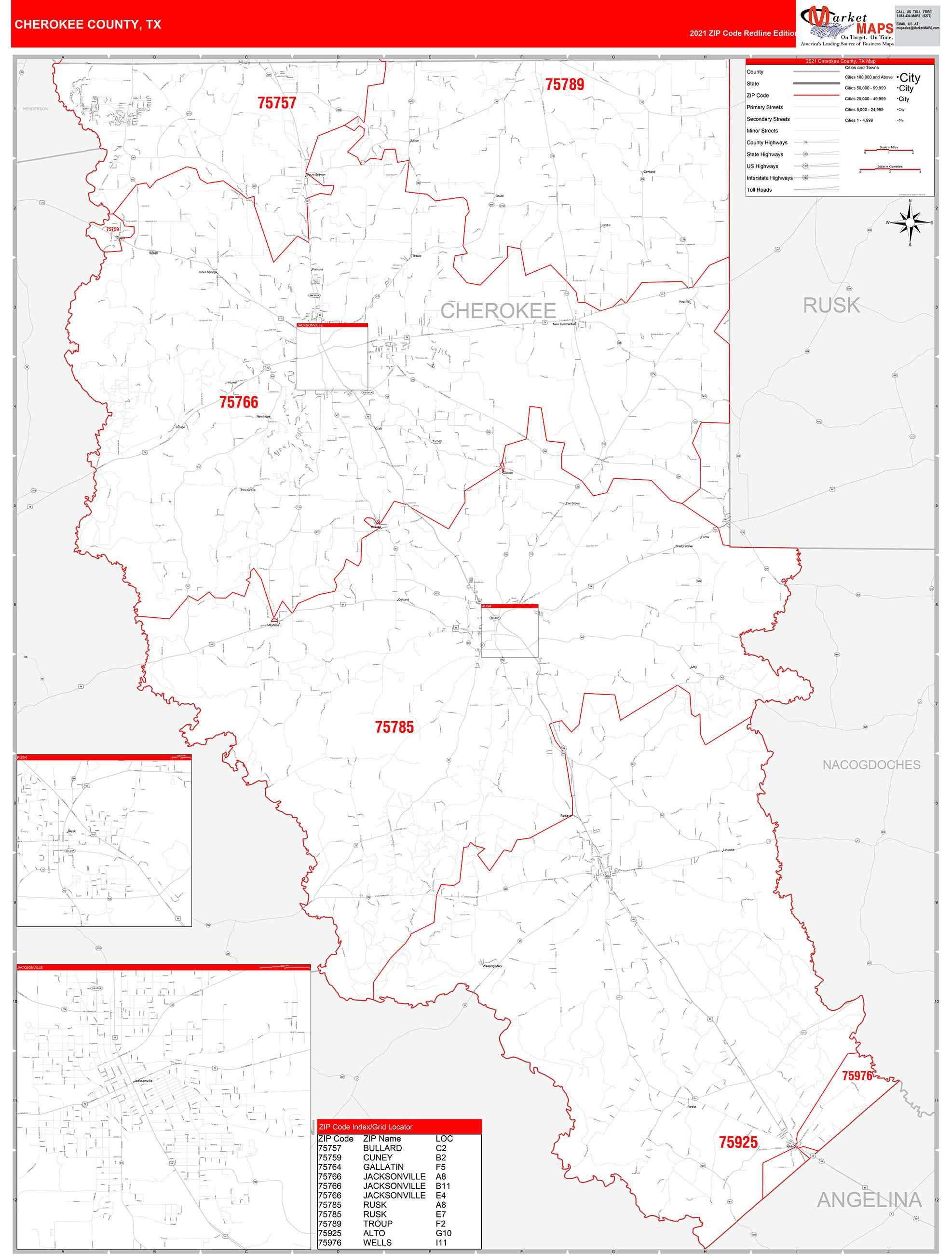 Cherokee County, TX Zip Code Wall Map Red Line Style by MarketMAPS