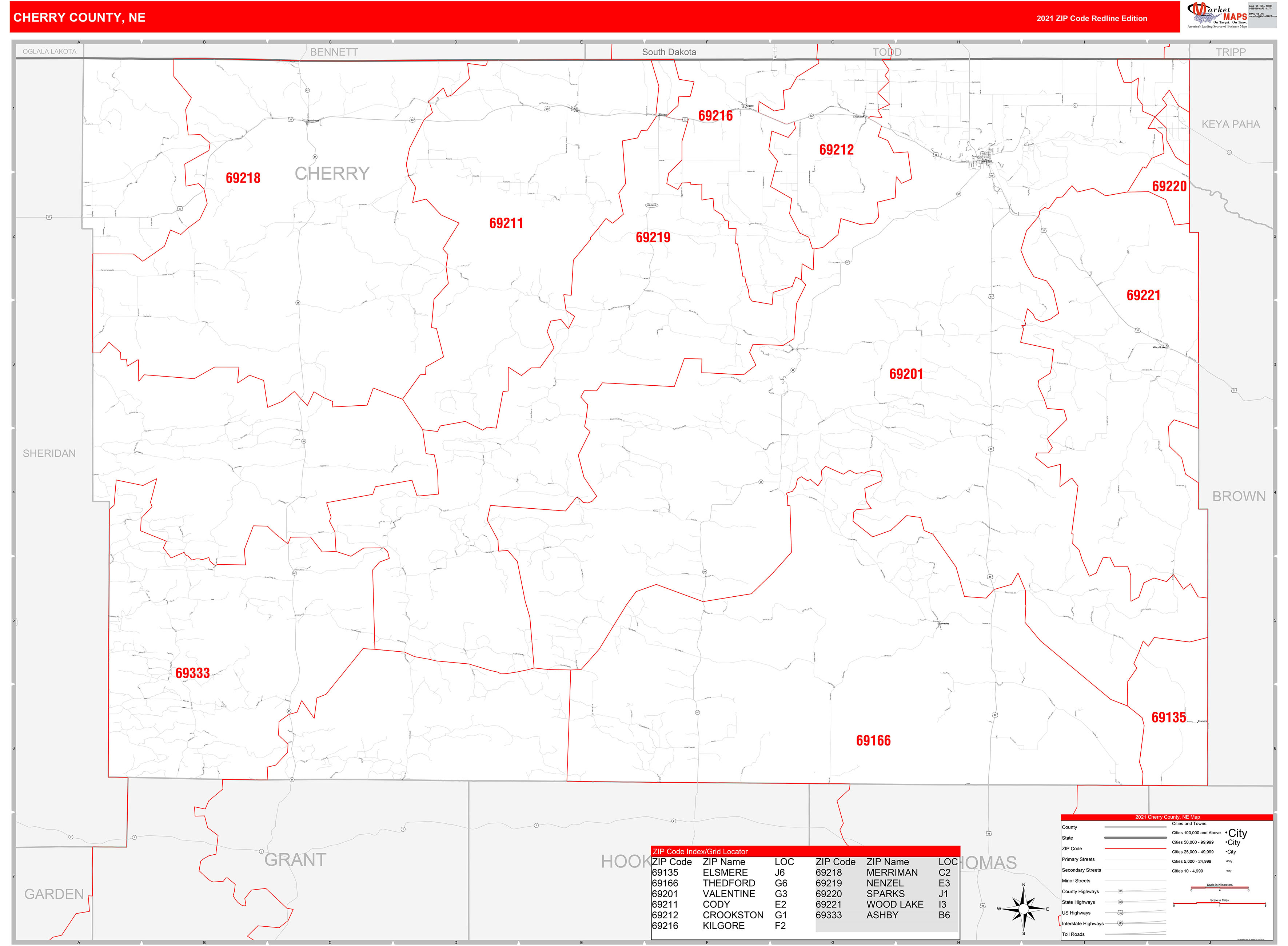 Cherry County, NE Zip Code Wall Map Red Line Style by MarketMAPS MapSales