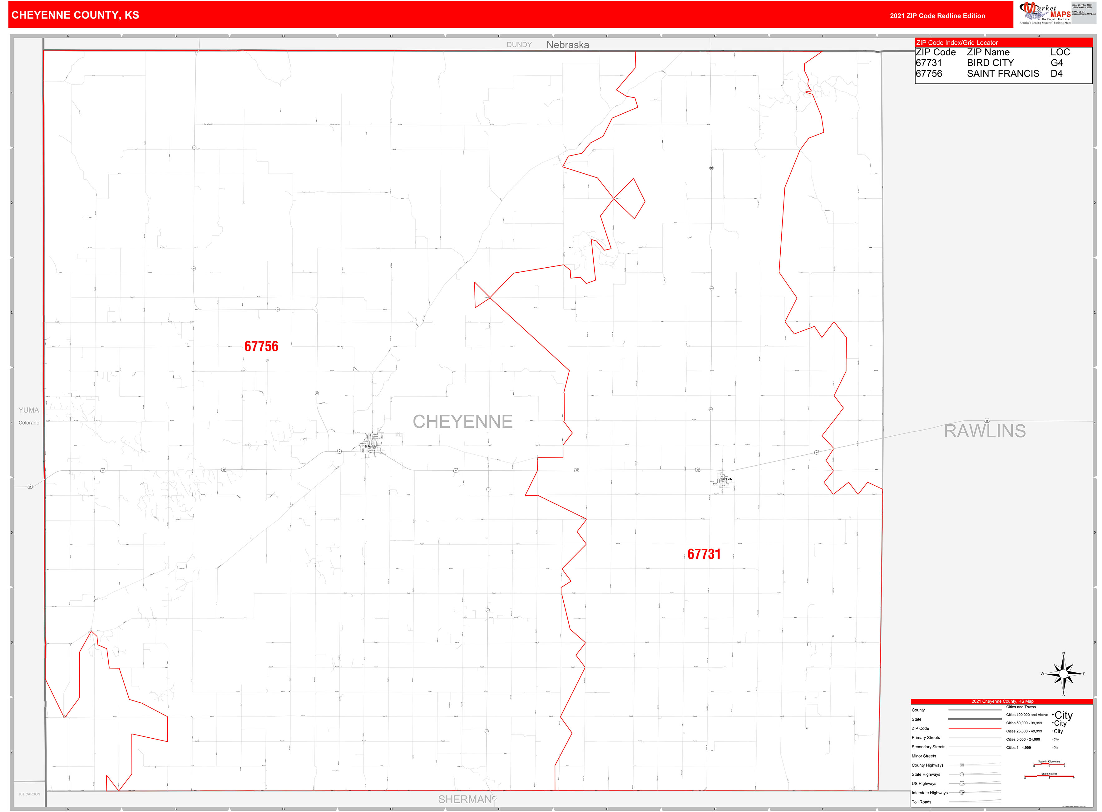 Cheyenne County, KS Zip Code Wall Map Red Line Style by MarketMAPS