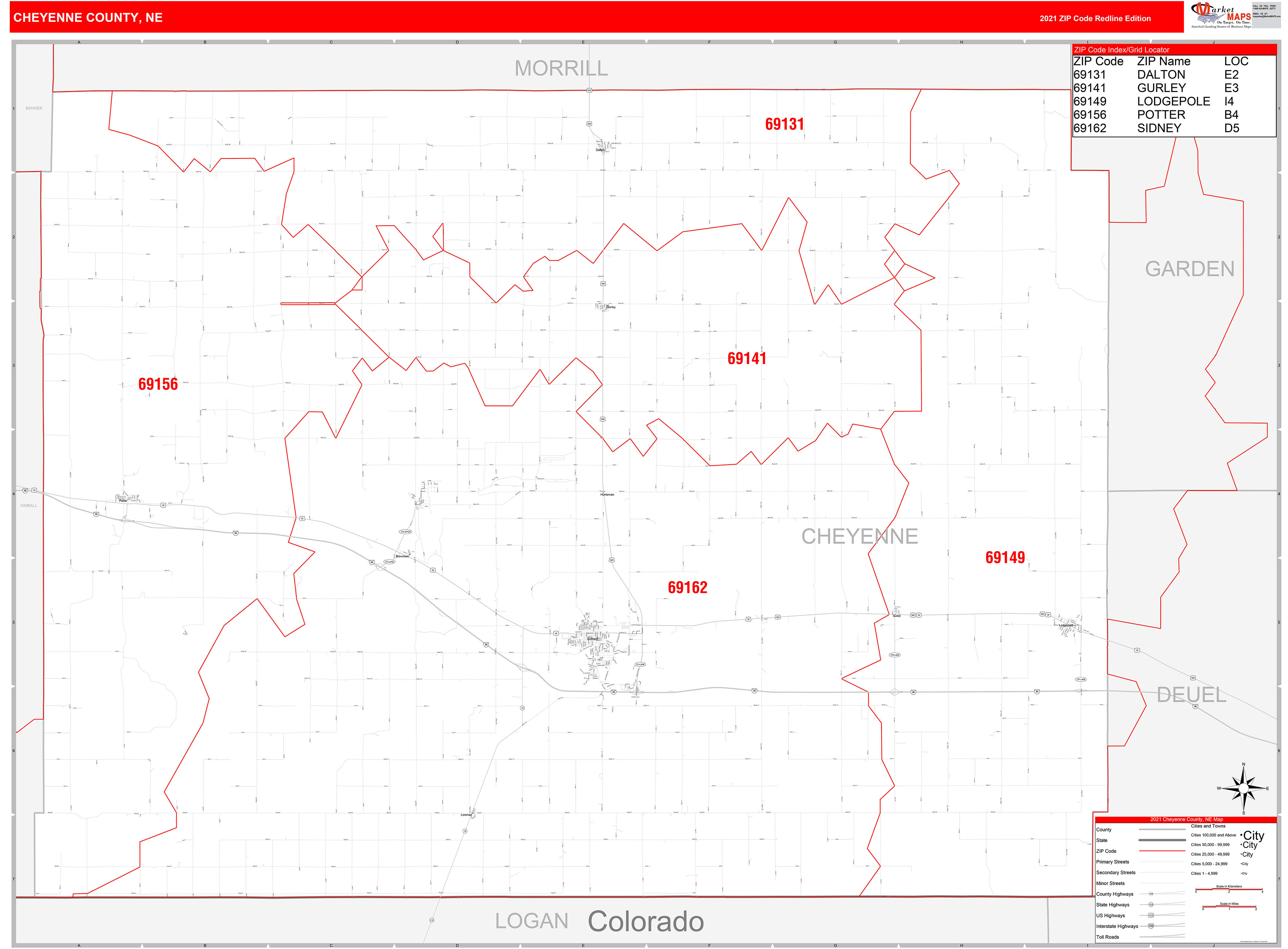 Cheyenne County, NE Zip Code Wall Map Red Line Style by MarketMAPS