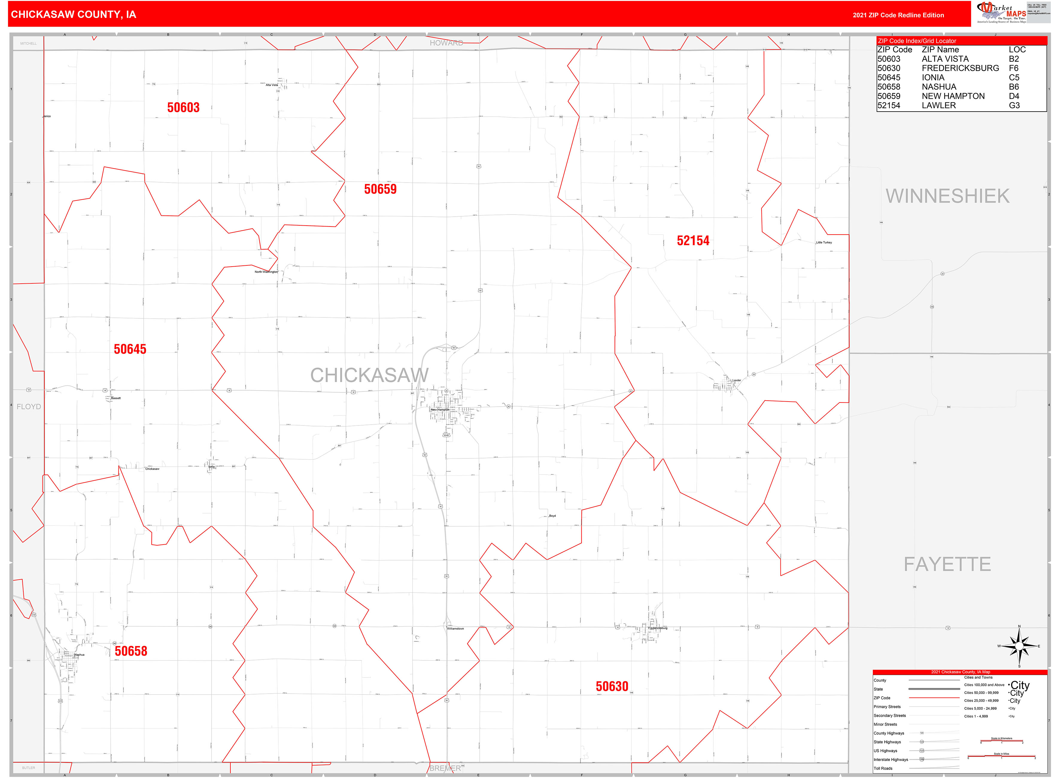 Chickasaw County, IA Zip Code Wall Map Red Line Style by MarketMAPS
