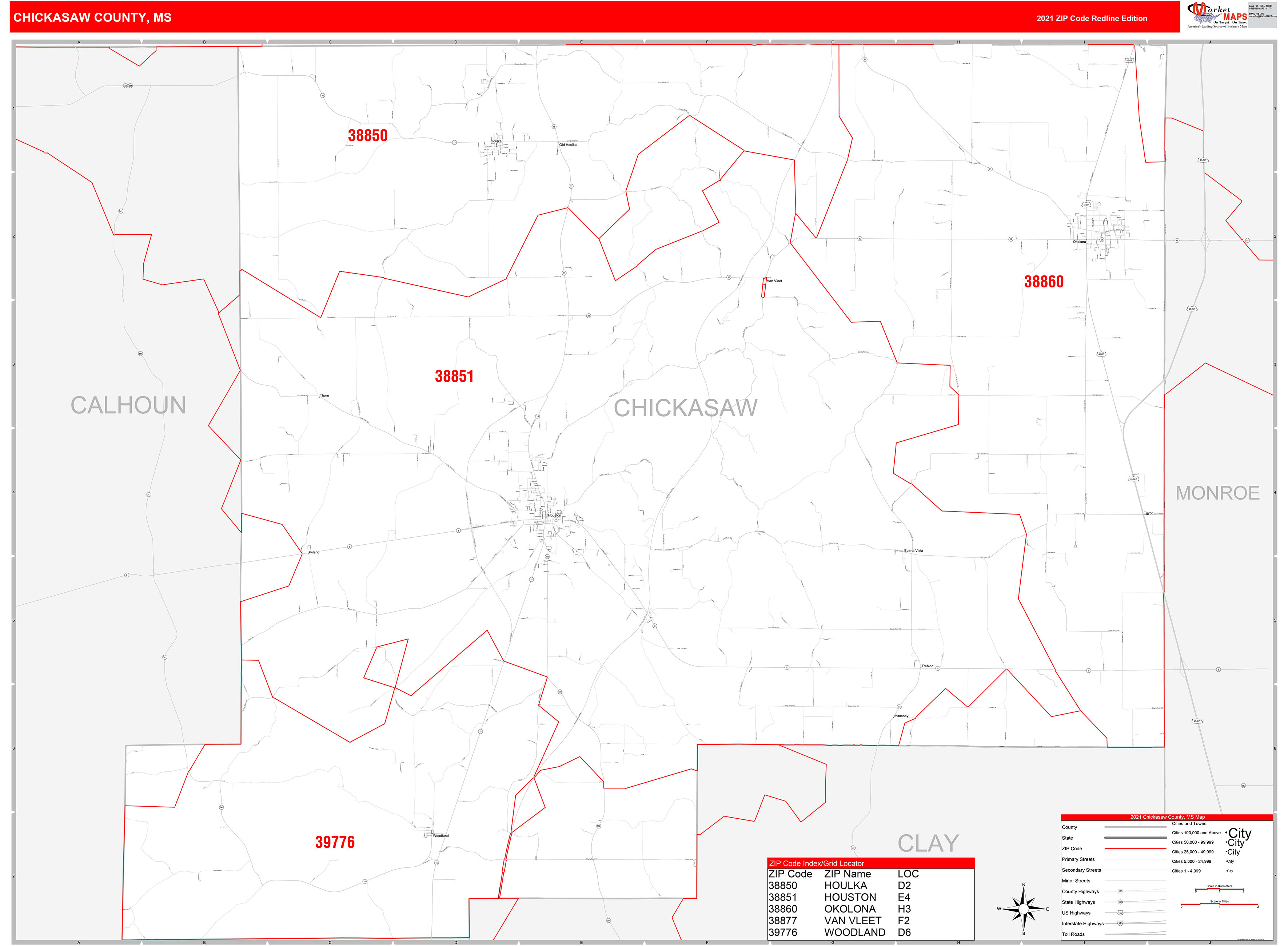 Chickasaw County, MS Zip Code Wall Map Red Line Style by MarketMAPS