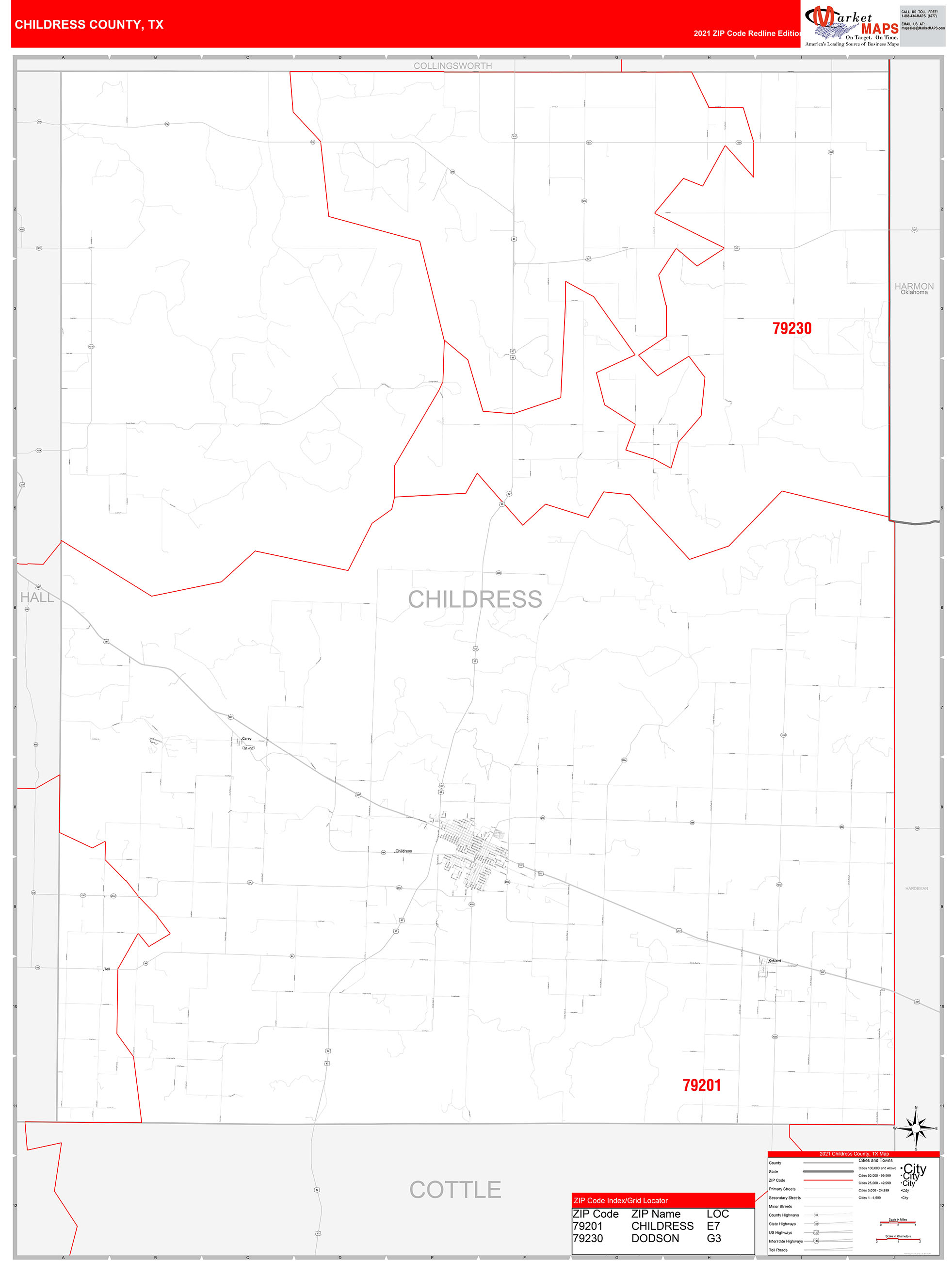 Childress County, TX Zip Code Wall Map Red Line Style by MarketMAPS