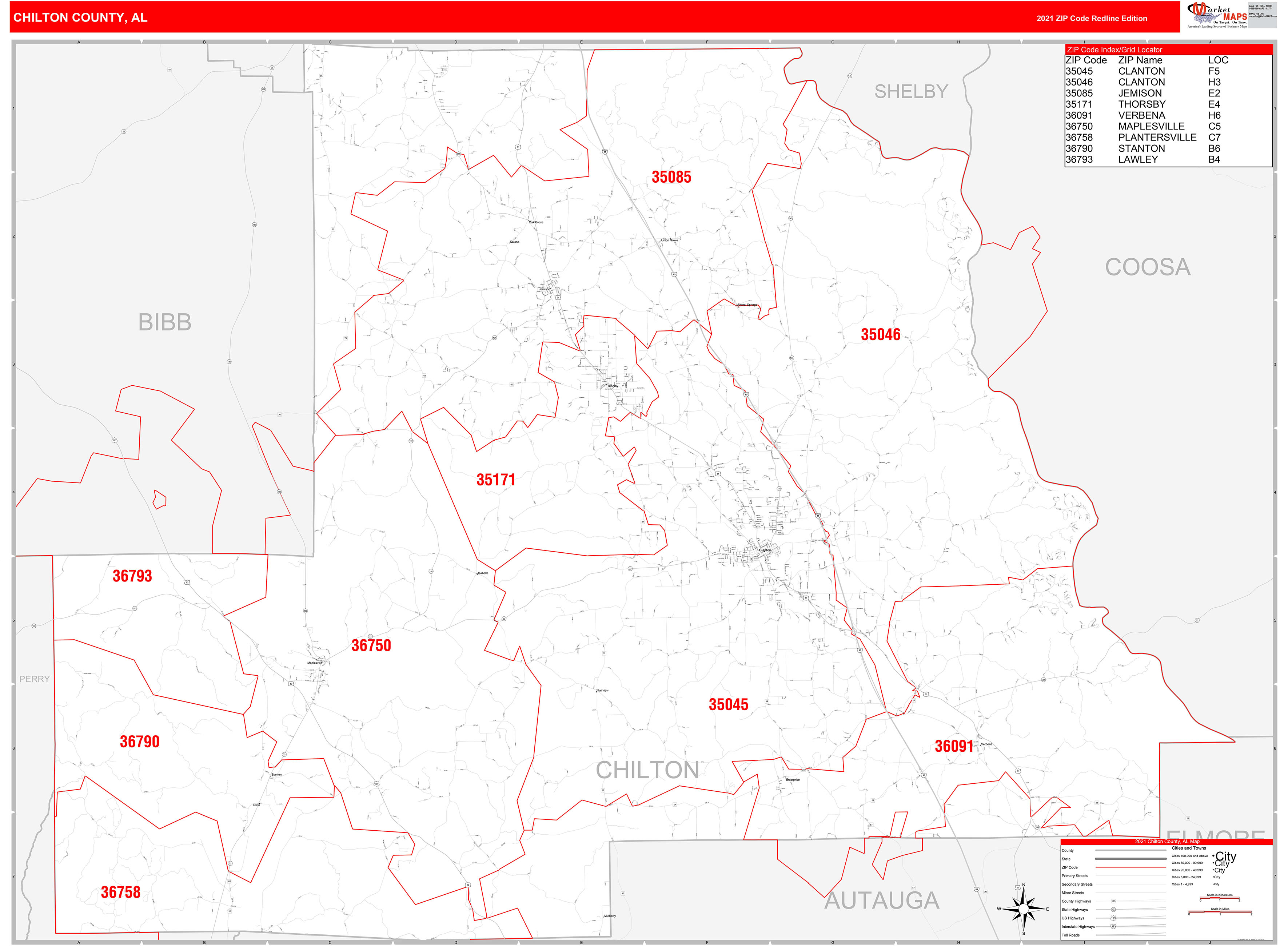 Chilton County Al Zip Code Wall Map Red Line Style By Marketmaps