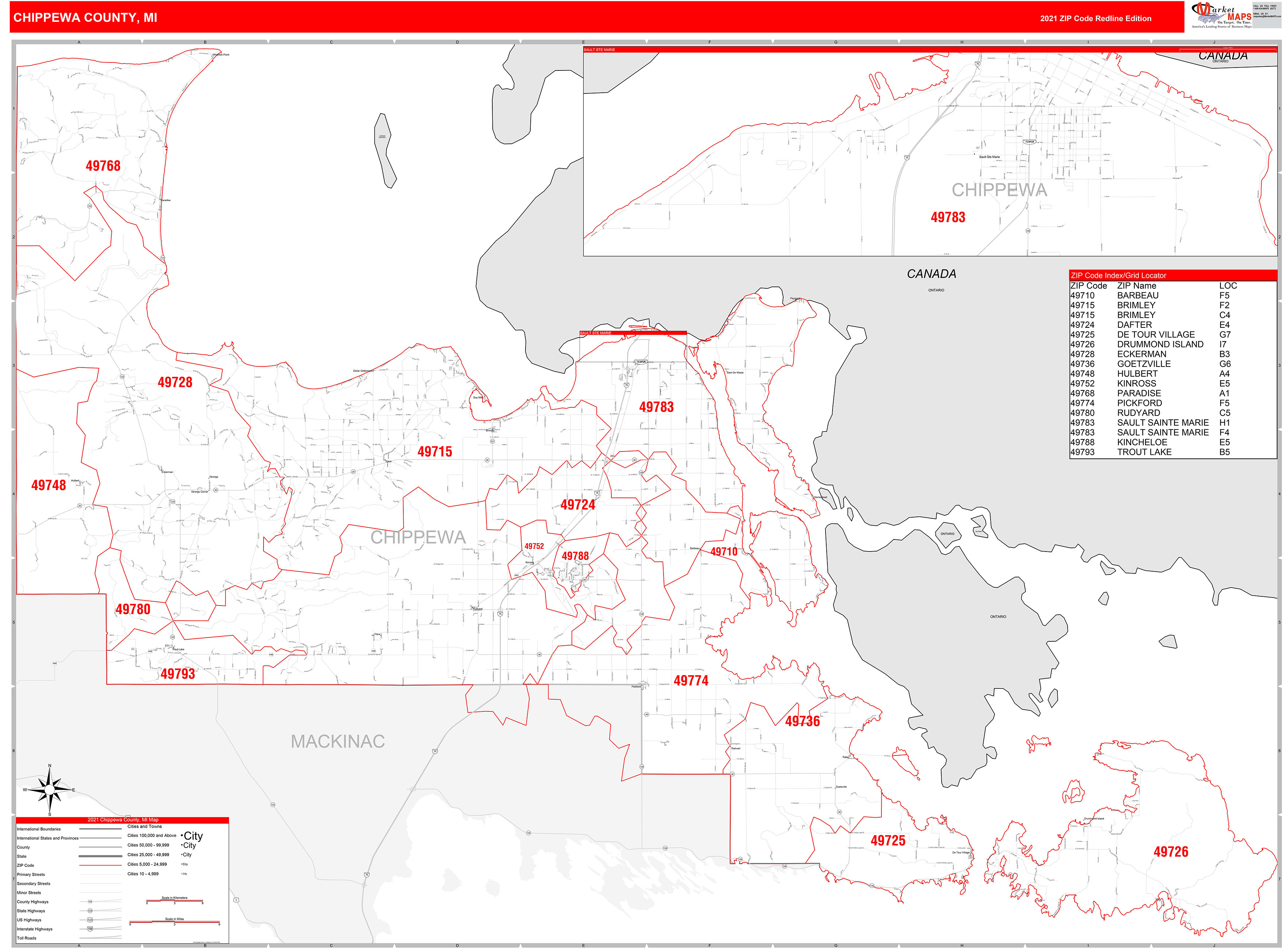 Chippewa County, MI Zip Code Wall Map Red Line Style by MarketMAPS