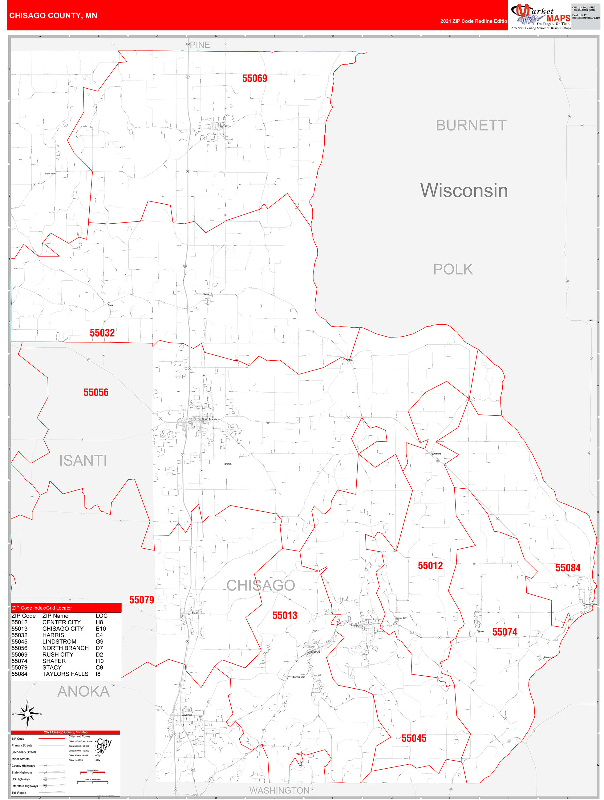 Chisago County, MN Zip Code Wall Map Red Line Style by MarketMAPS