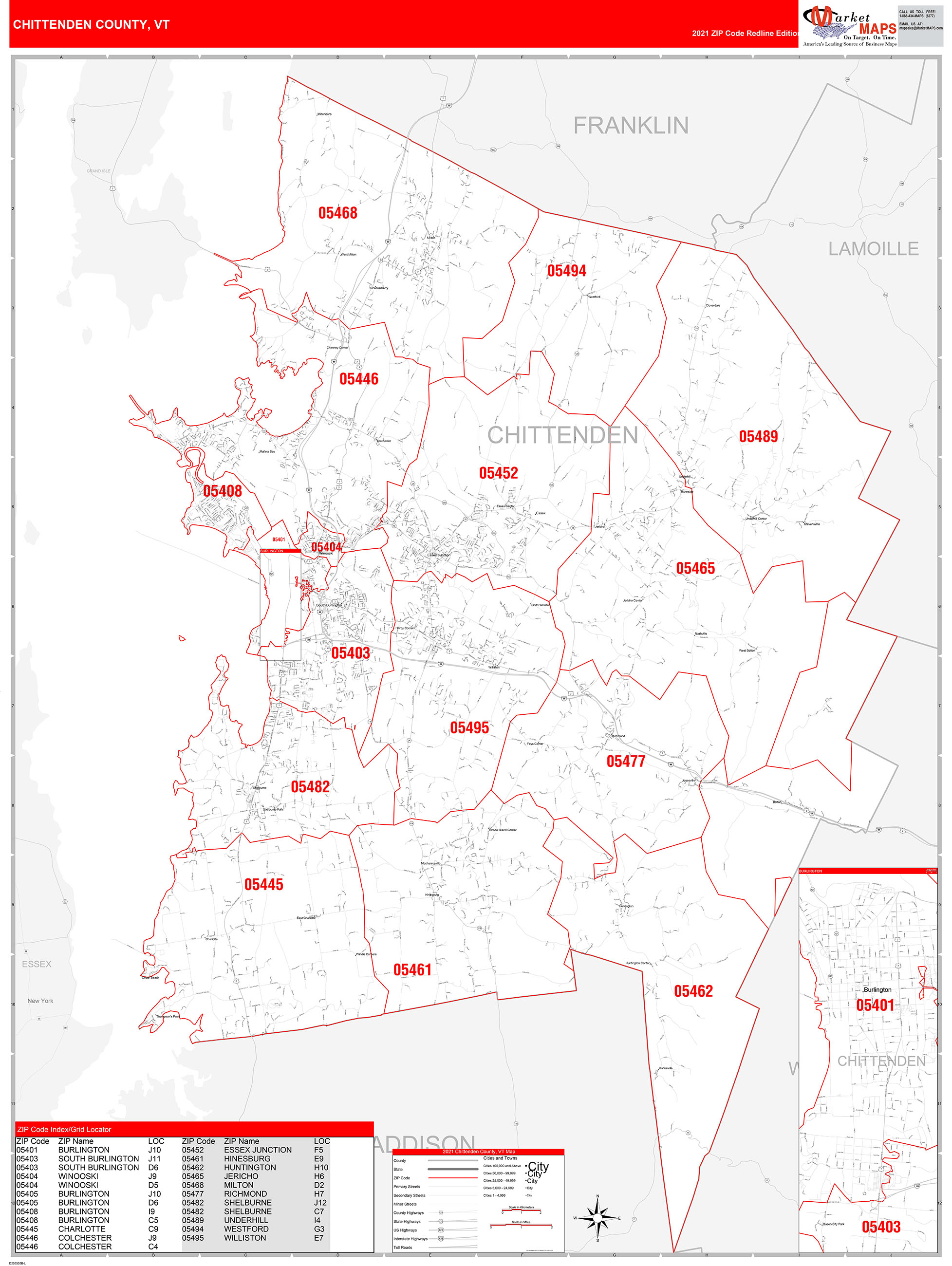 Chittenden County, VT Zip Code Wall Map Red Line Style by MarketMAPS MapSales