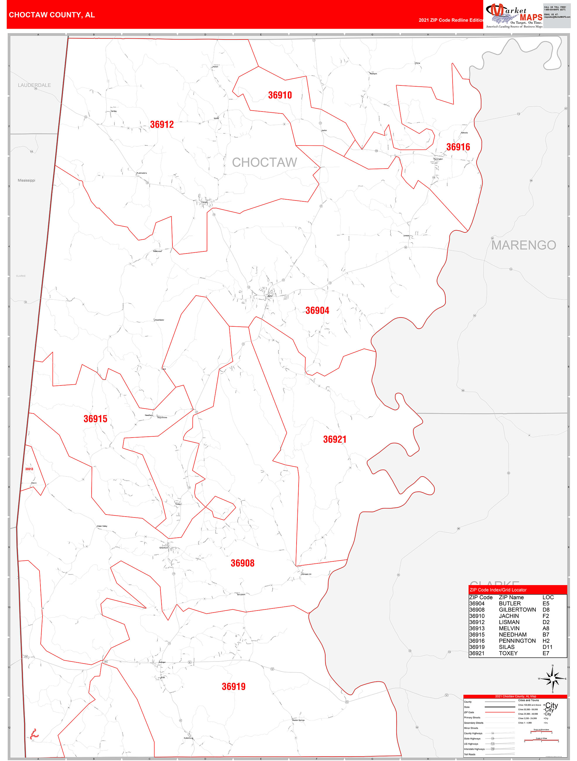 Choctaw County, AL Zip Code Wall Map Red Line Style by MarketMAPS