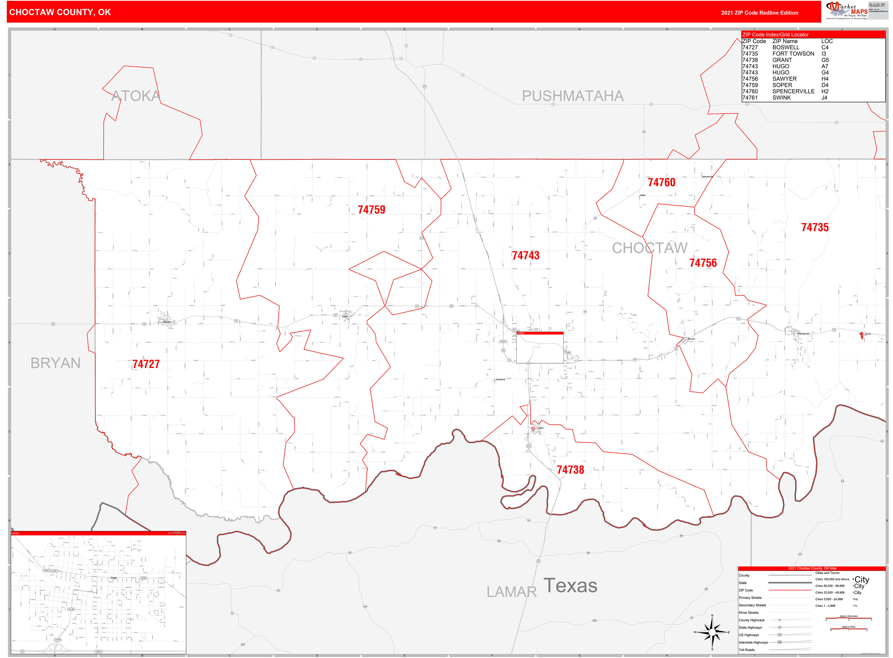 Choctaw County, OK Zip Code Wall Map Red Line Style by MarketMAPS