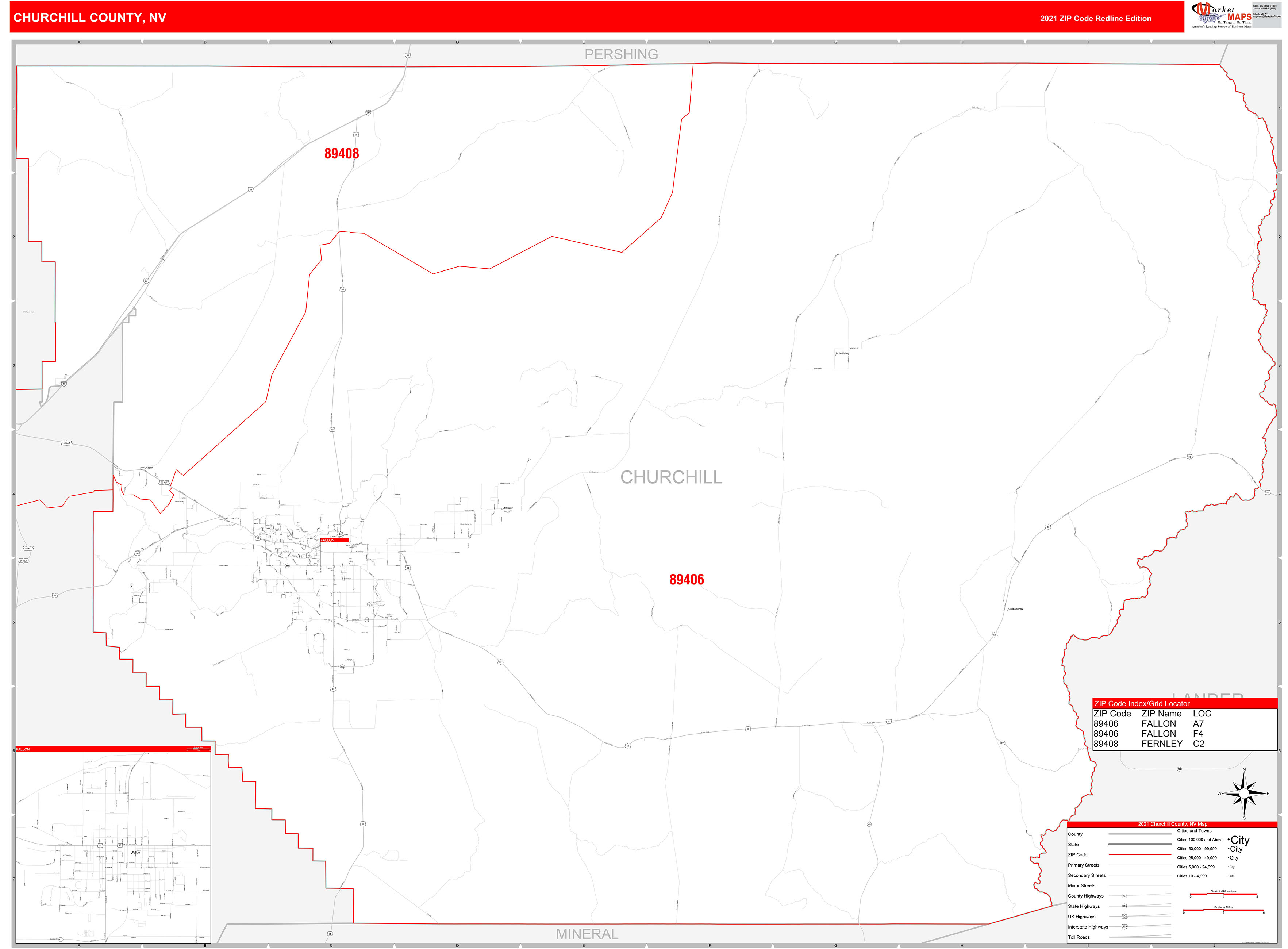 Churchill County, NV Zip Code Wall Map Red Line Style by MarketMAPS