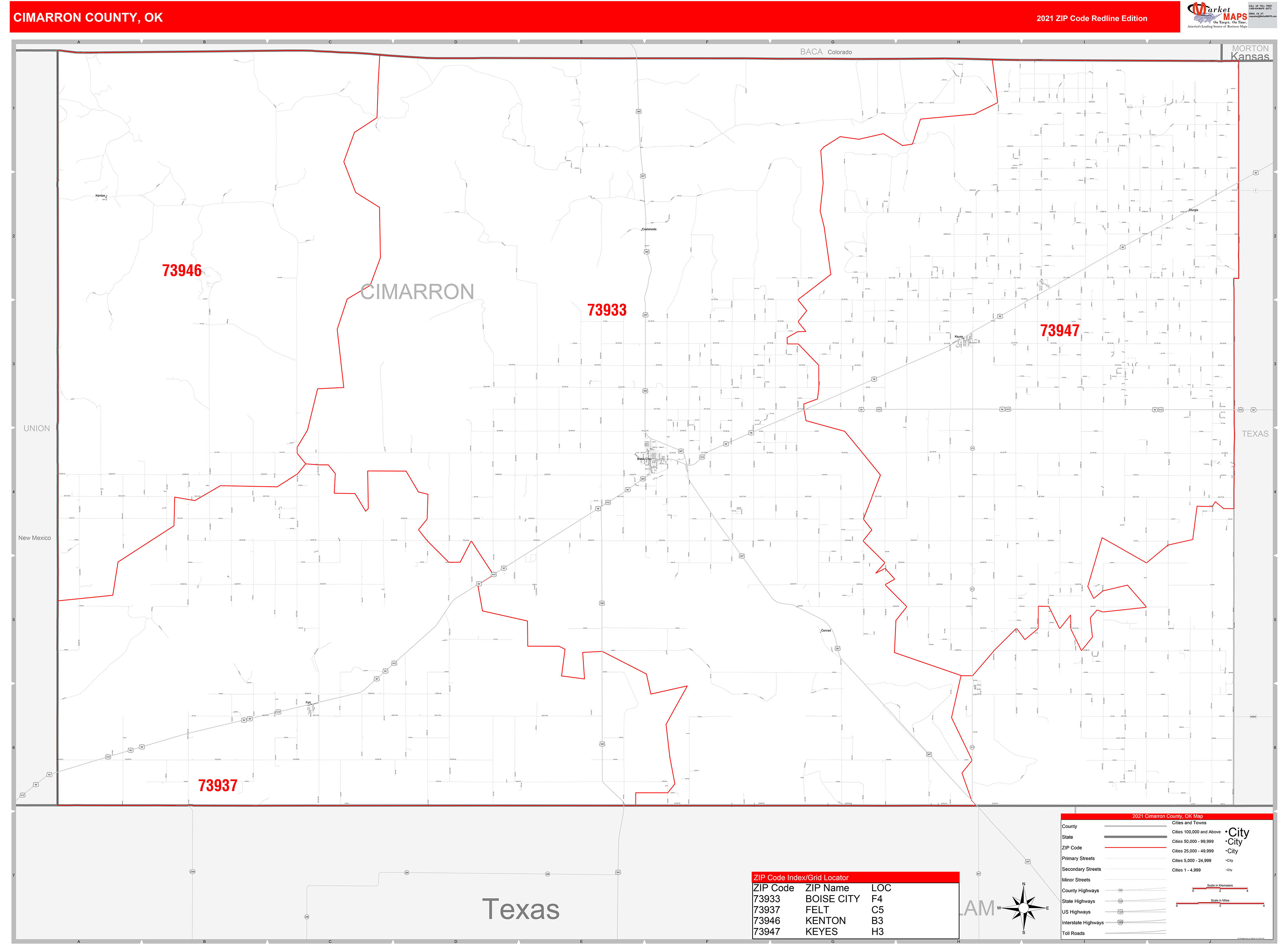Cimarron County, OK Zip Code Wall Map Red Line Style by MarketMAPS