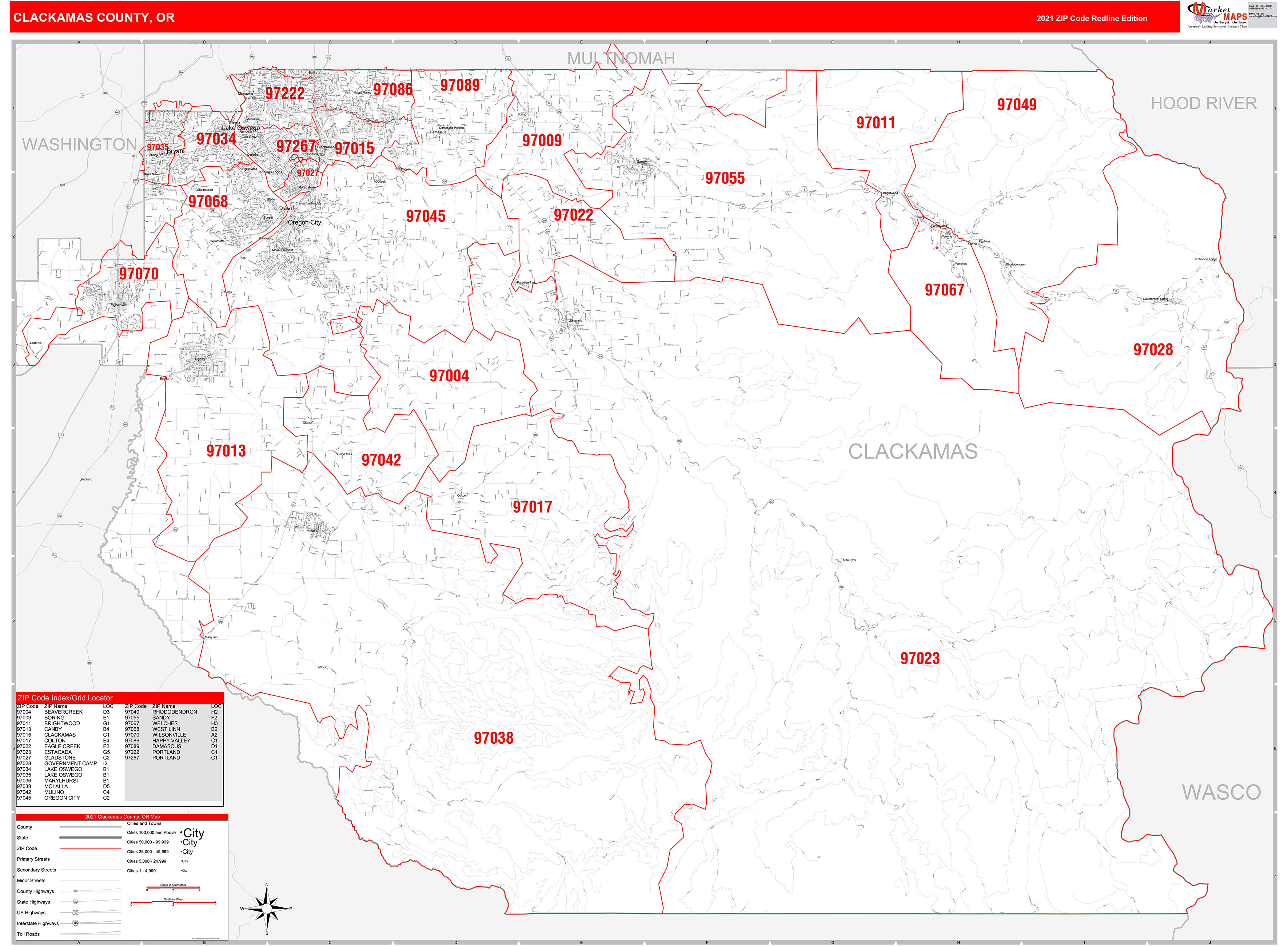 Clackamas County, OR Zip Code Wall Map Red Line Style by MarketMAPS
