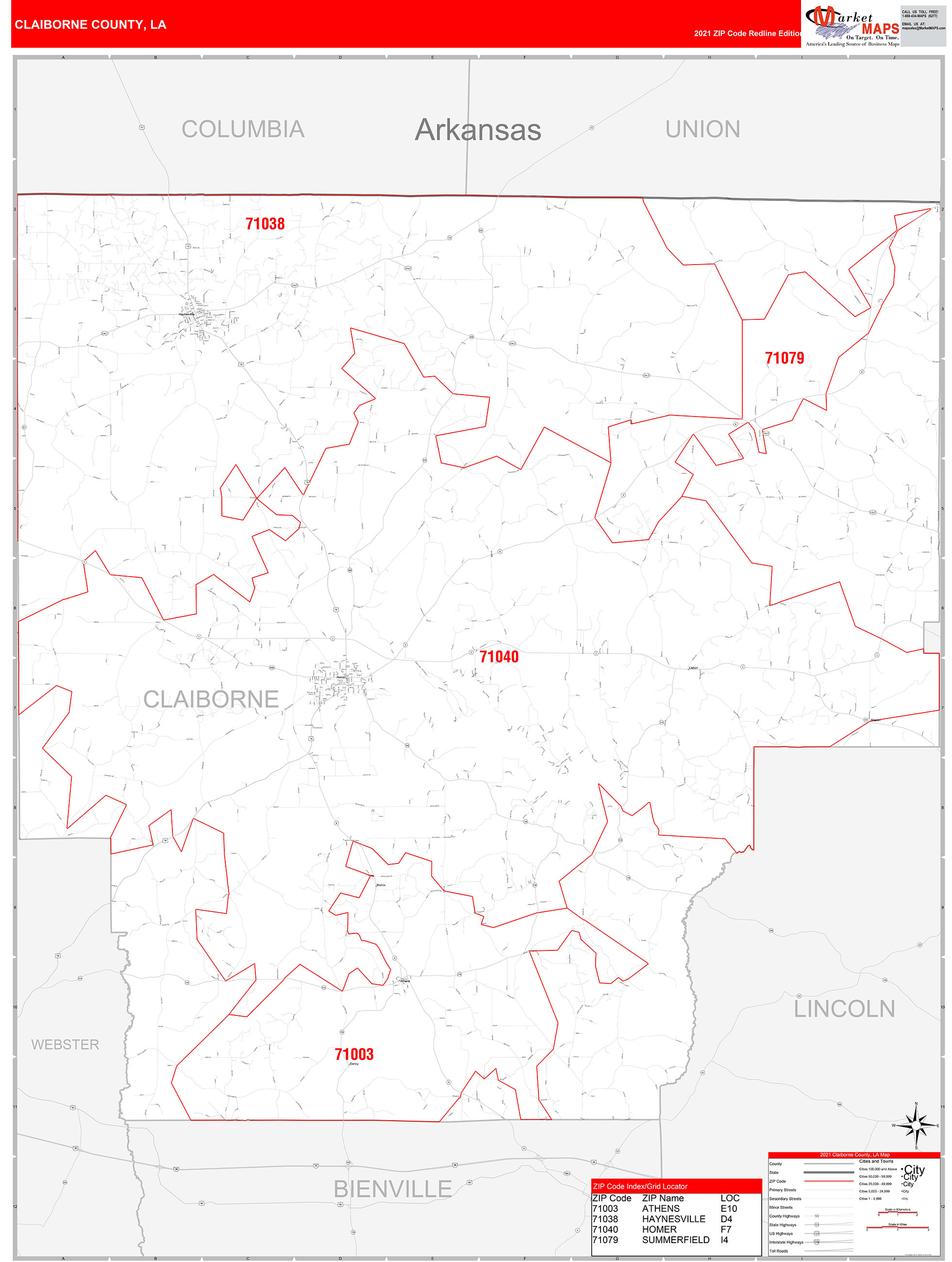 Claiborne County, LA Zip Code Wall Map Red Line Style by MarketMAPS