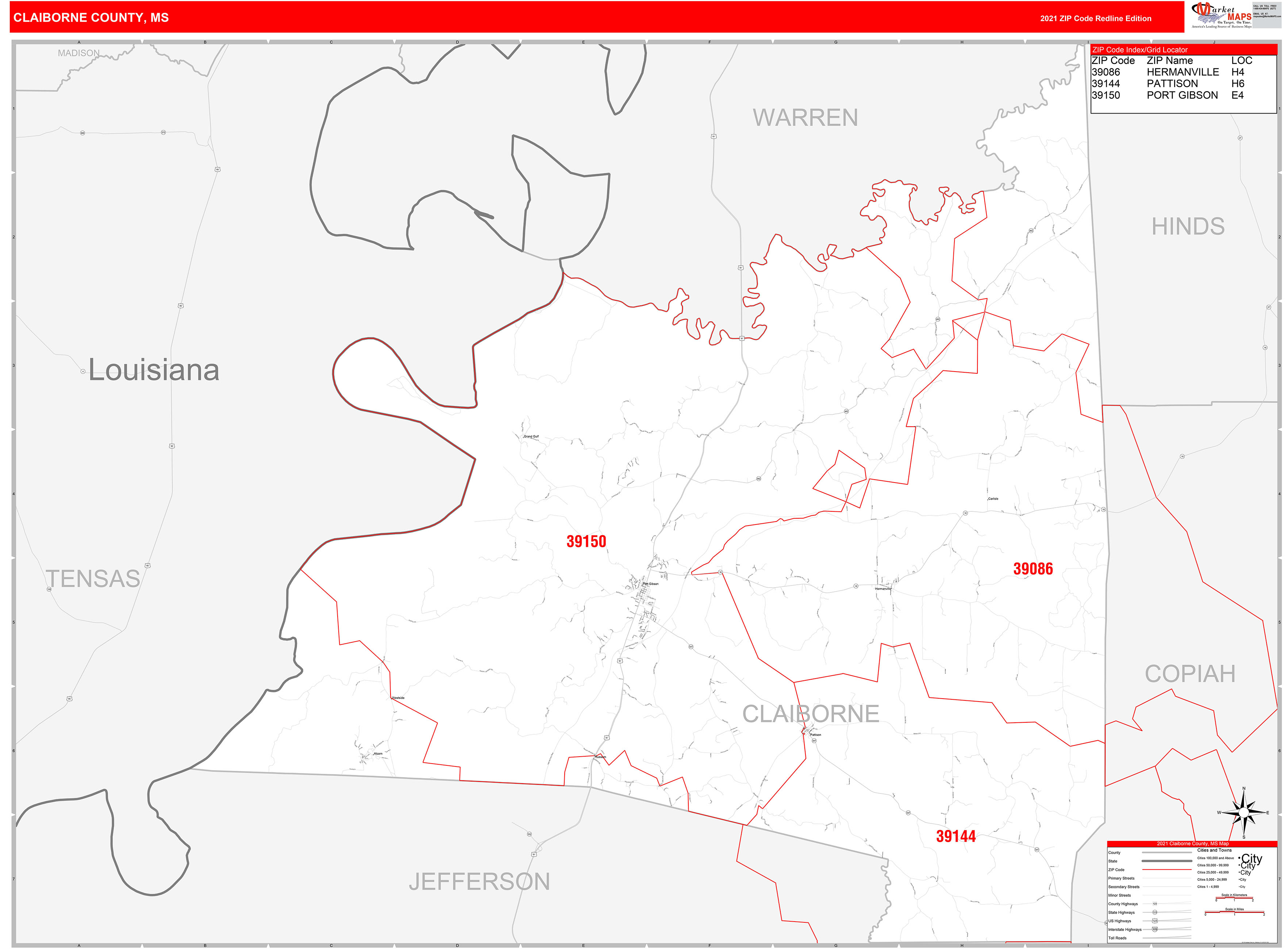 Claiborne County, MS Zip Code Wall Map Red Line Style by MarketMAPS