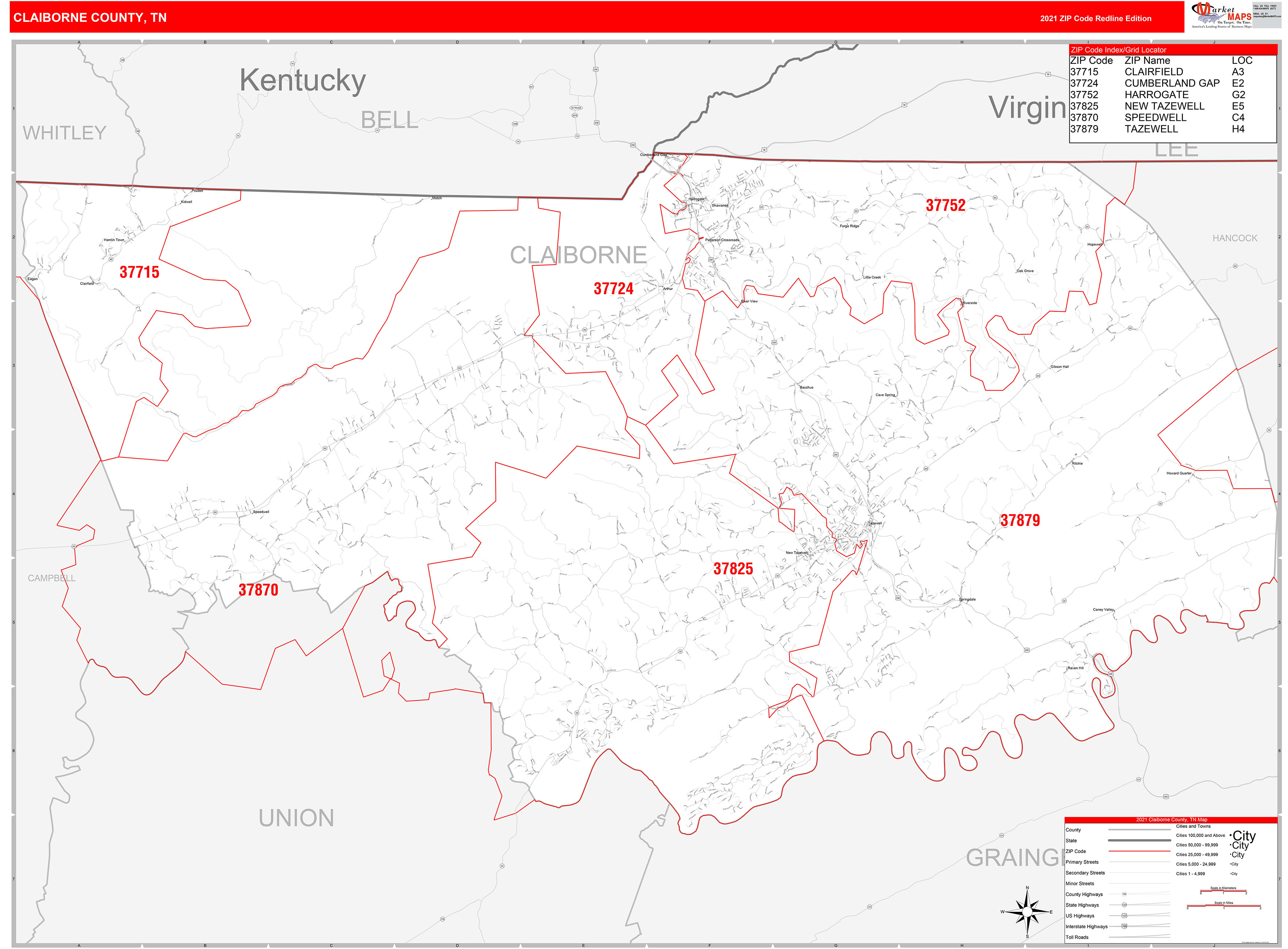 Claiborne County, TN Zip Code Wall Map Red Line Style by MarketMAPS