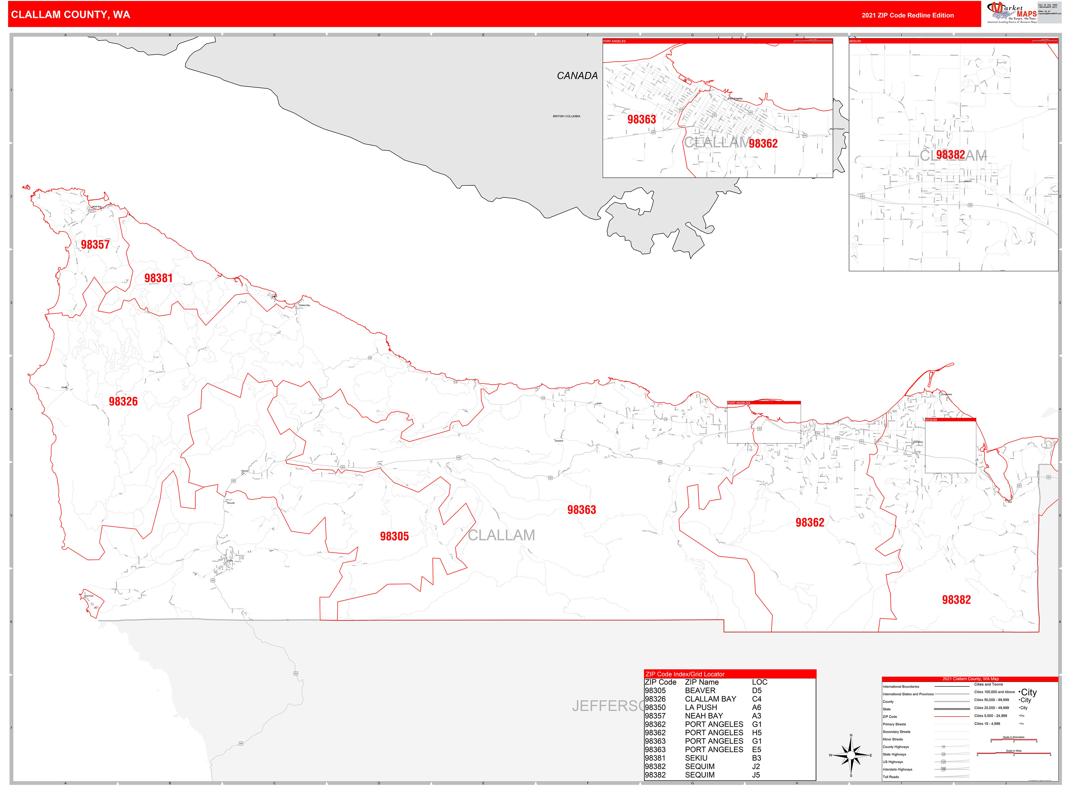 Clallam County, WA Zip Code Wall Map Red Line Style by MarketMAPS