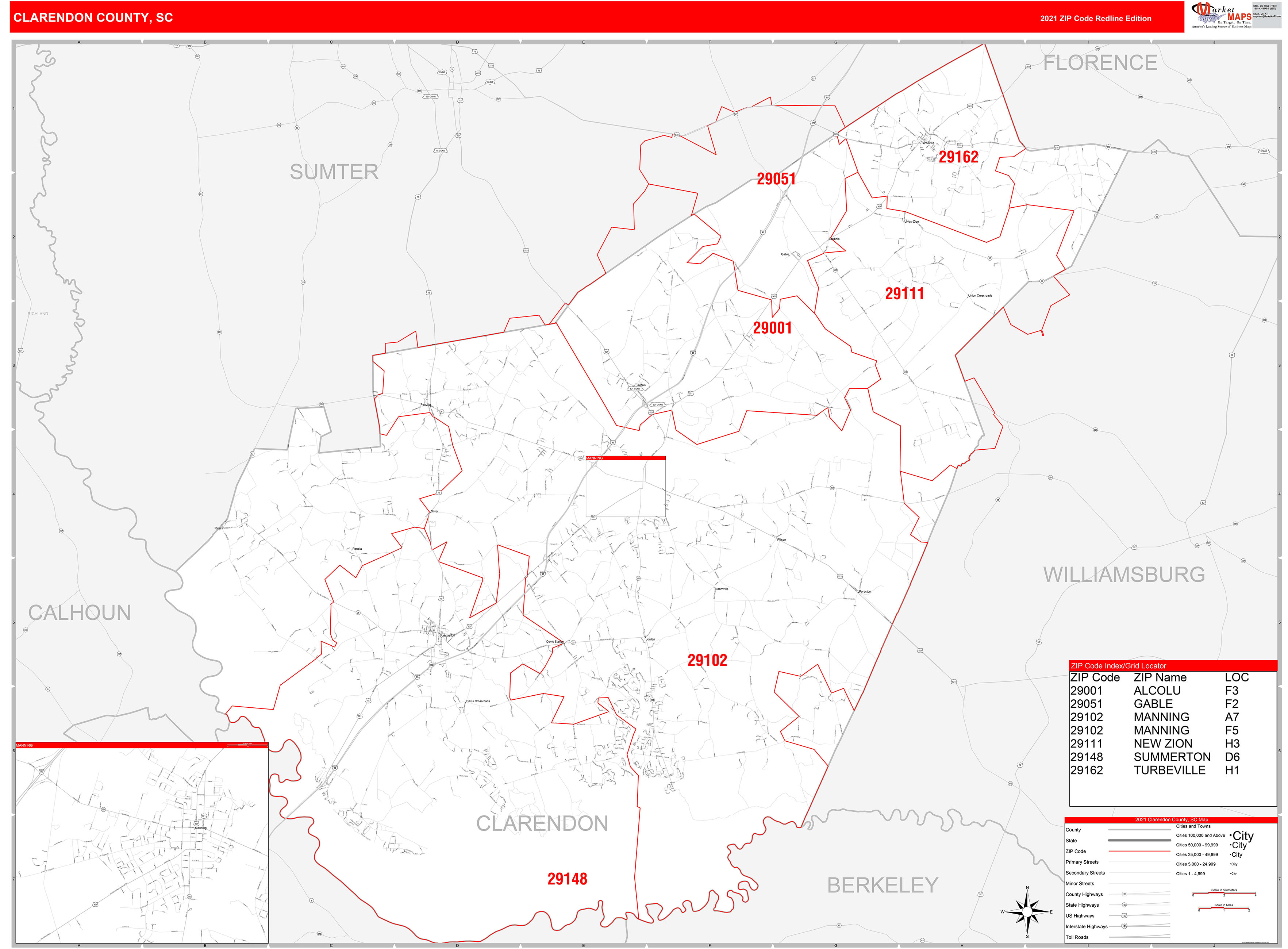 Clarendon County, SC Zip Code Wall Map Red Line Style by MarketMAPS
