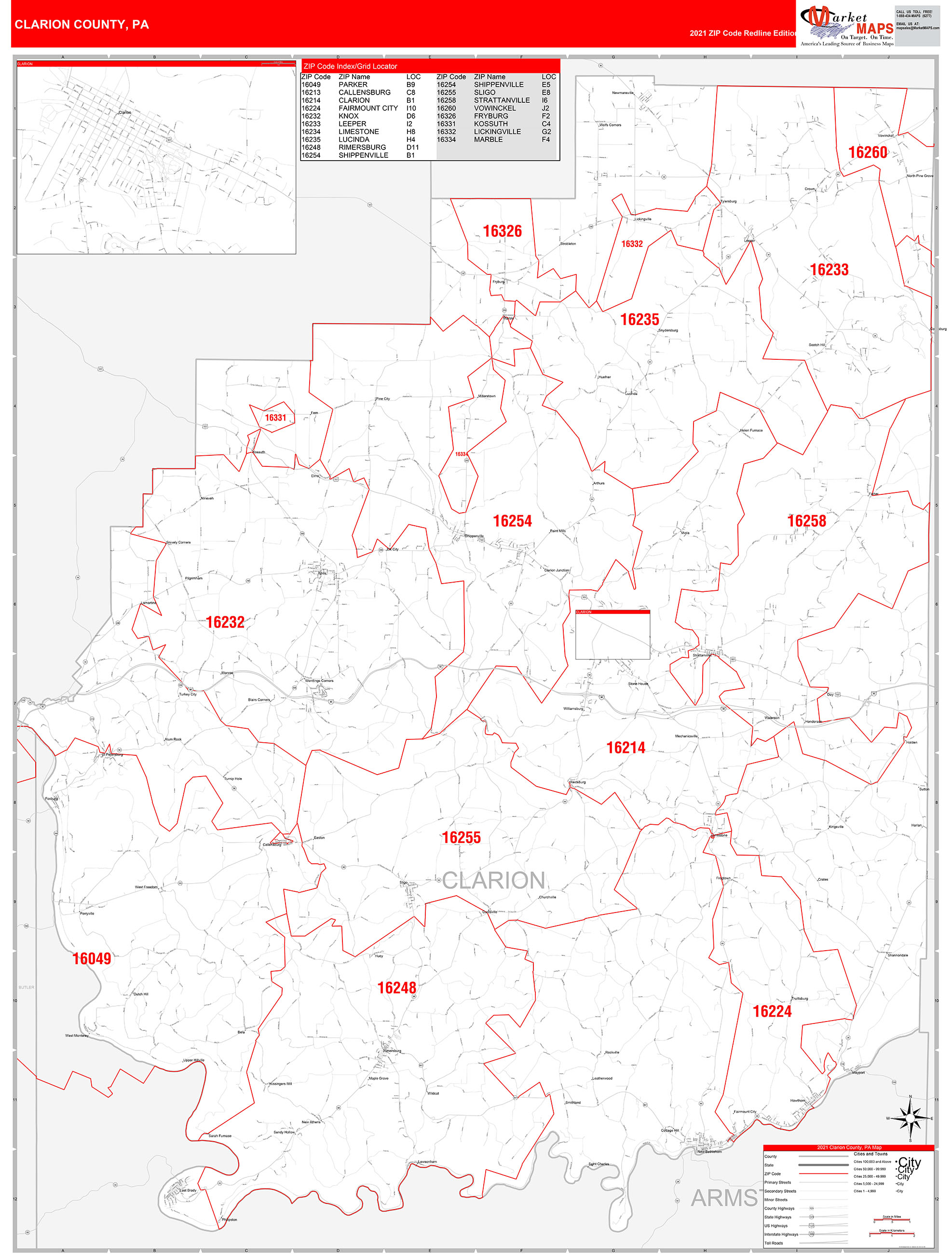 Clarion County, PA Zip Code Wall Map Red Line Style by MarketMAPS