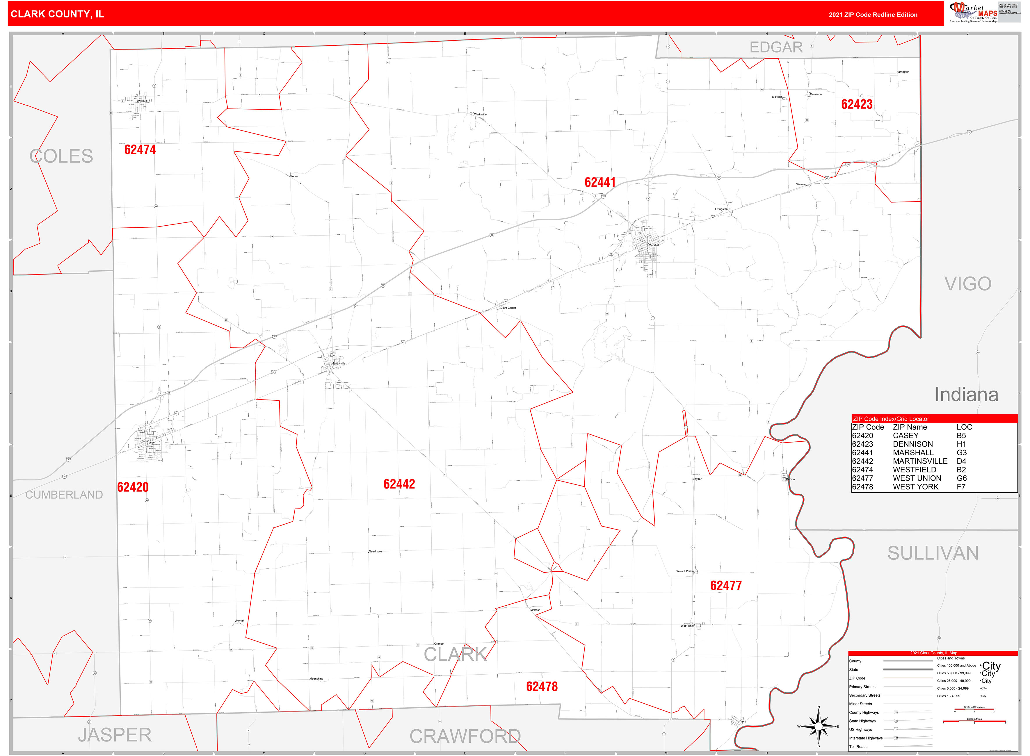 Clark County, IL Zip Code Wall Map Red Line Style by MarketMAPS